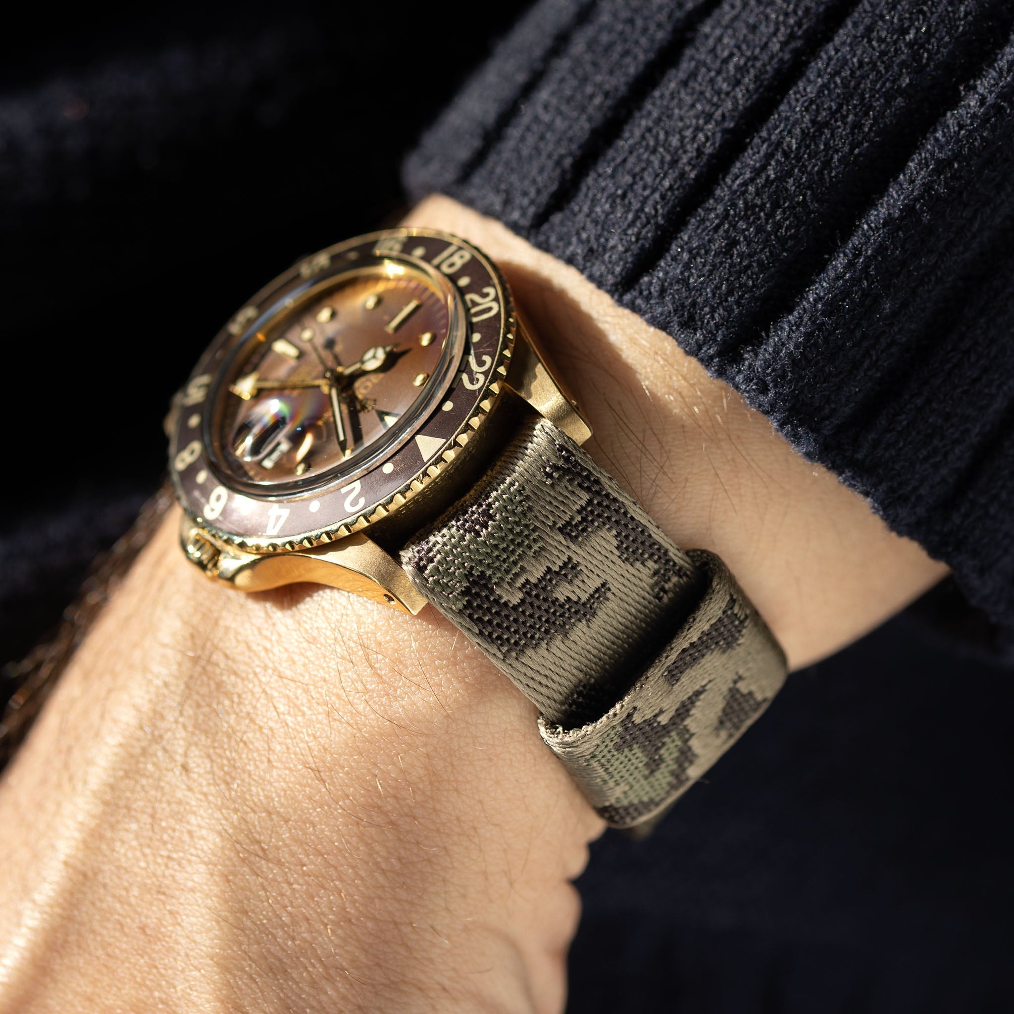 Camo Jacquard Single Pass Watch Strap For Rolex GMT 1675 Gold