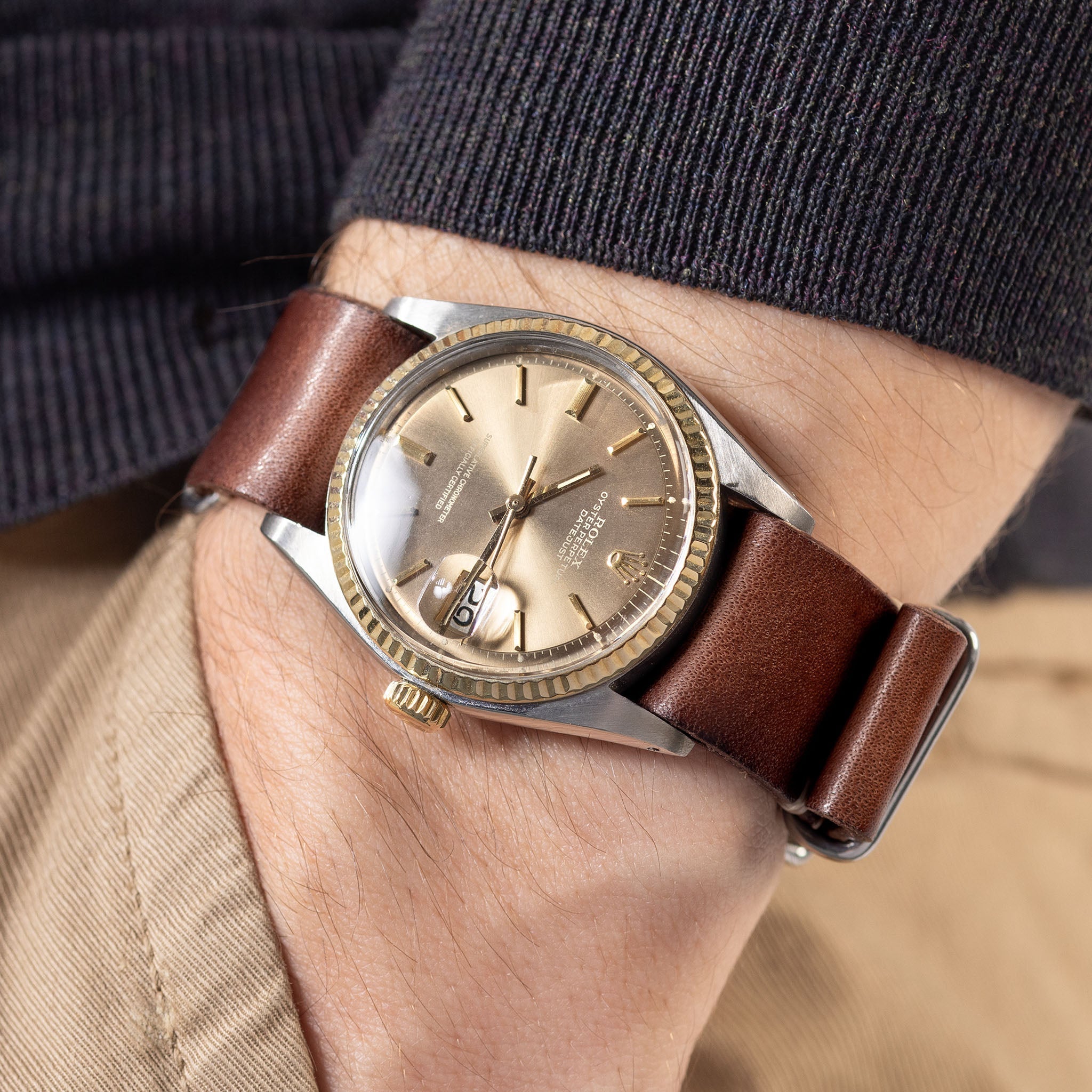 High_Quality_Single_Pass_Brown_Leather_Watch_Strap_For_Rolex_Datejust_1601_Steel_Gold