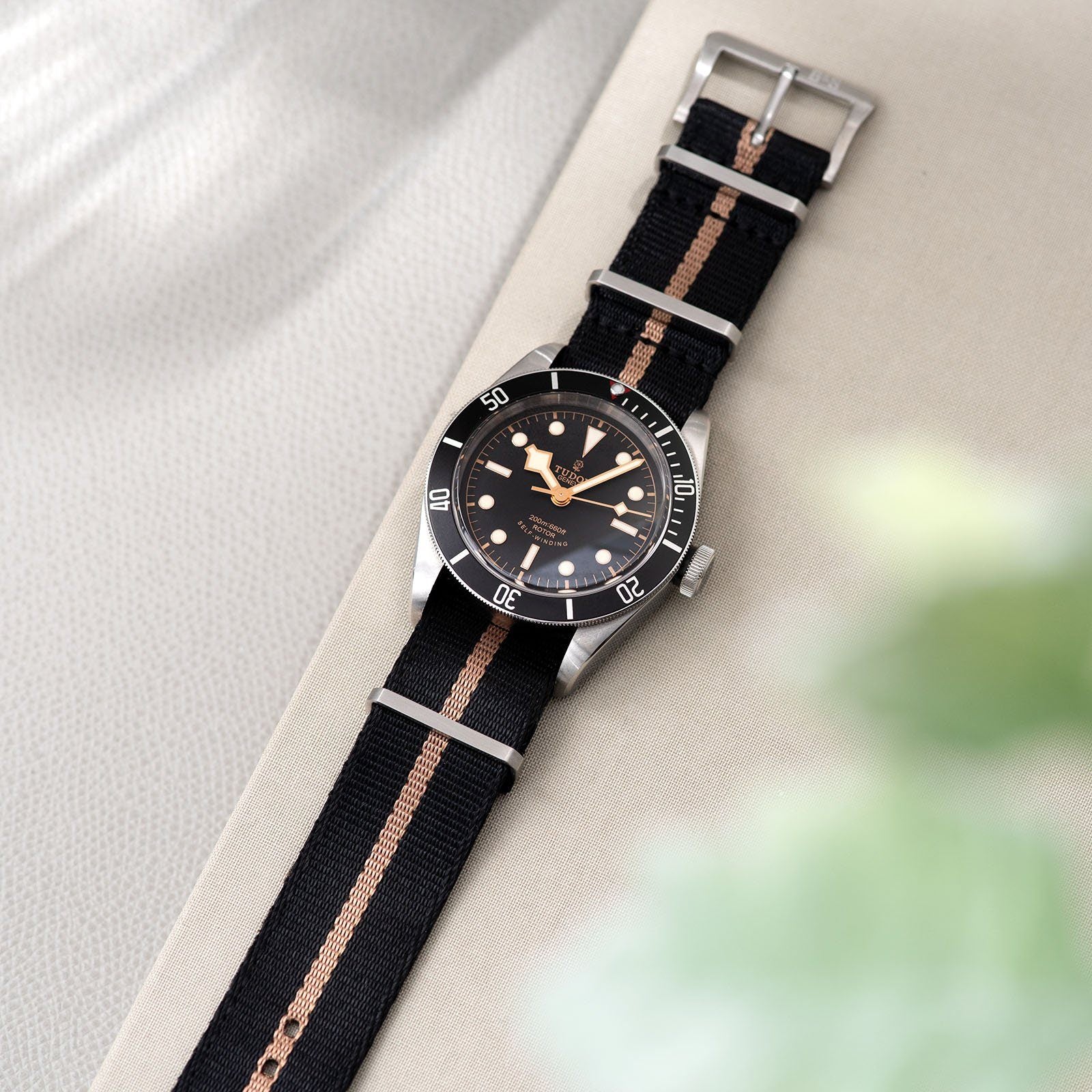 Tudor Deluxe Nylon Single Pass Watch Strap Black One Stripe Bronze 5