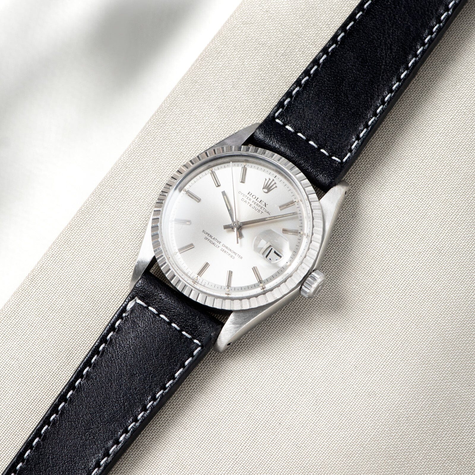 Black Boxed Stitch Leather Watch Strap for Rolex