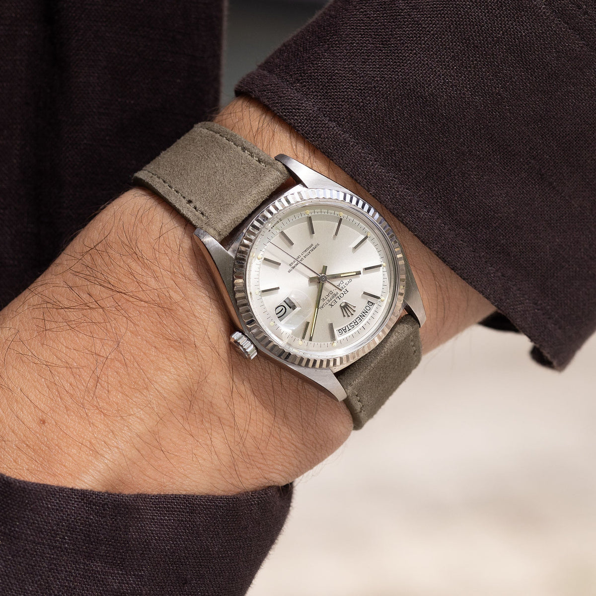 Goatskin Suede Leather Watch Strap - Mushroom Brown on Rolex Day Daye