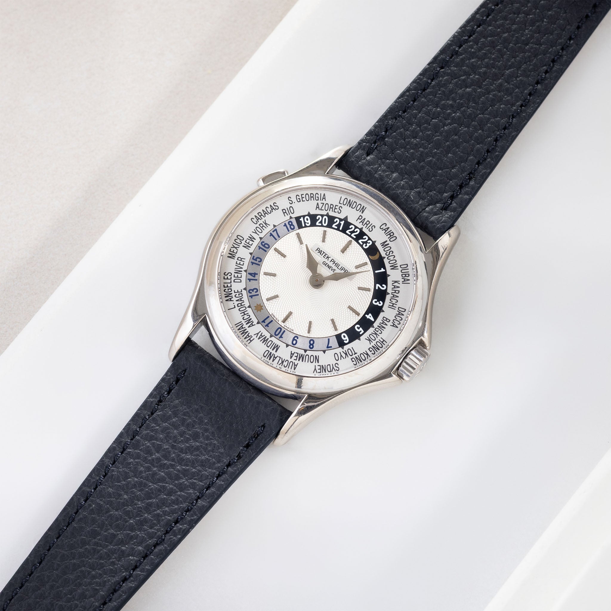 Grana Royal Blue Tonal Leather Watch Strap on patek Philippe 5110 World Time