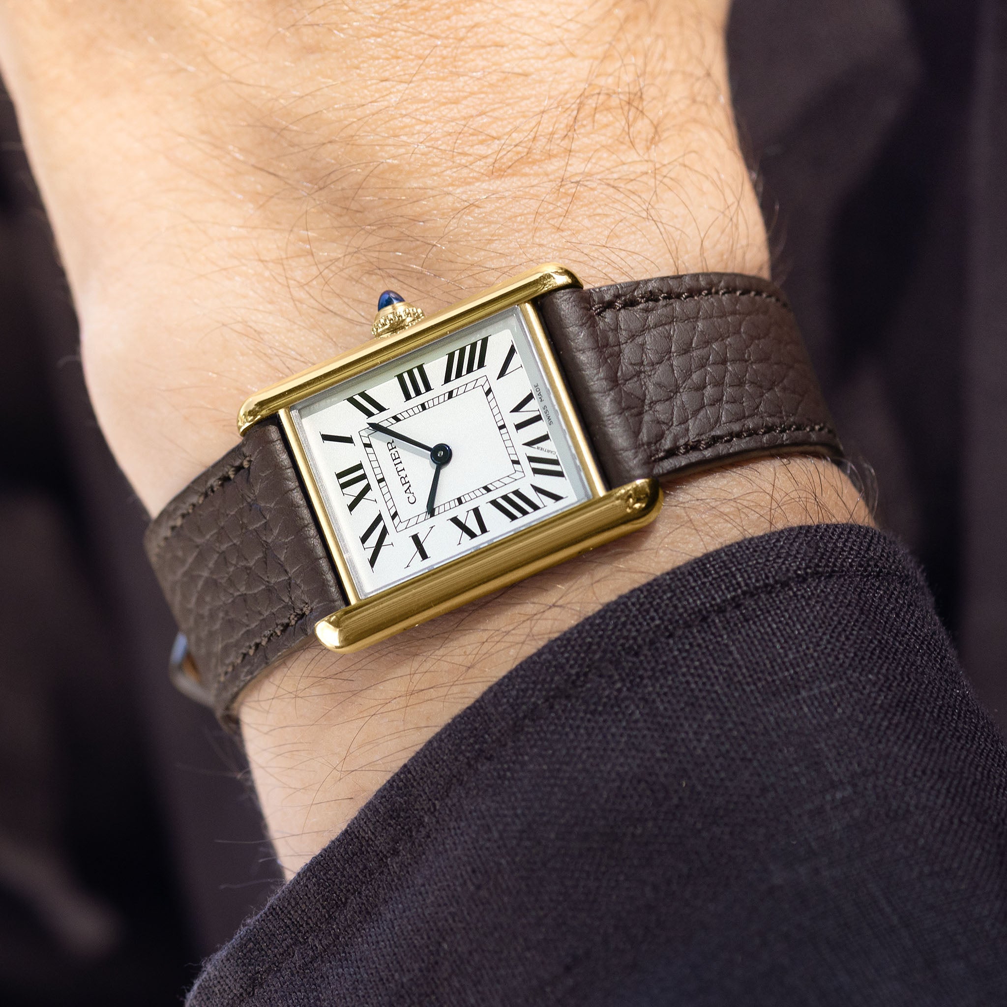 Grana Dark Brown Tonal Watch Strap on a Cartier Tank Louis