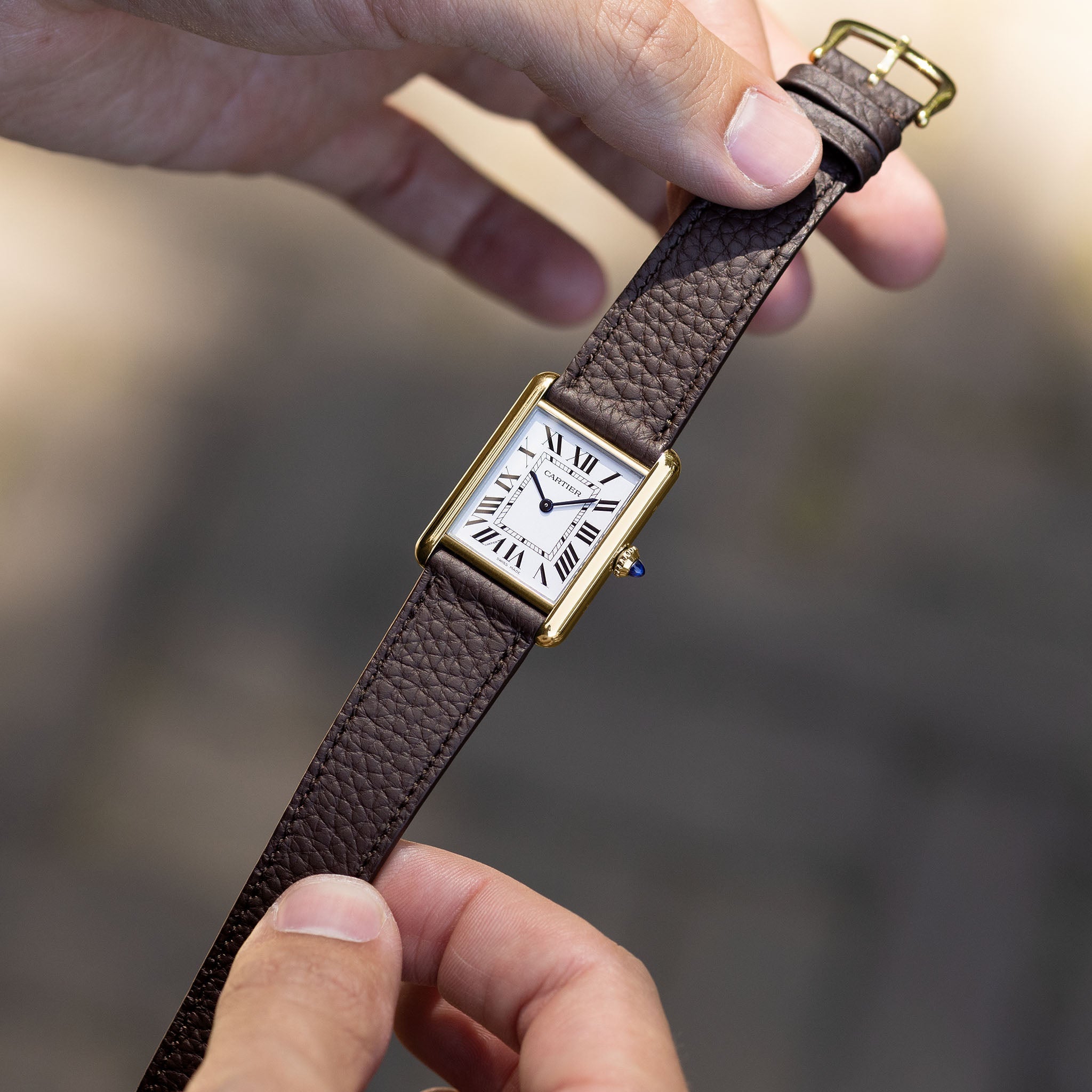 Grana Dark Brown Tonal Watch Strap on a Cartier Tank Louise