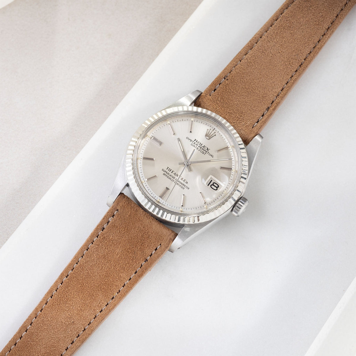 Goatskin Suede Leather Watch Strap - Warm Cognac on Rolex Datejust 1601 and 1603