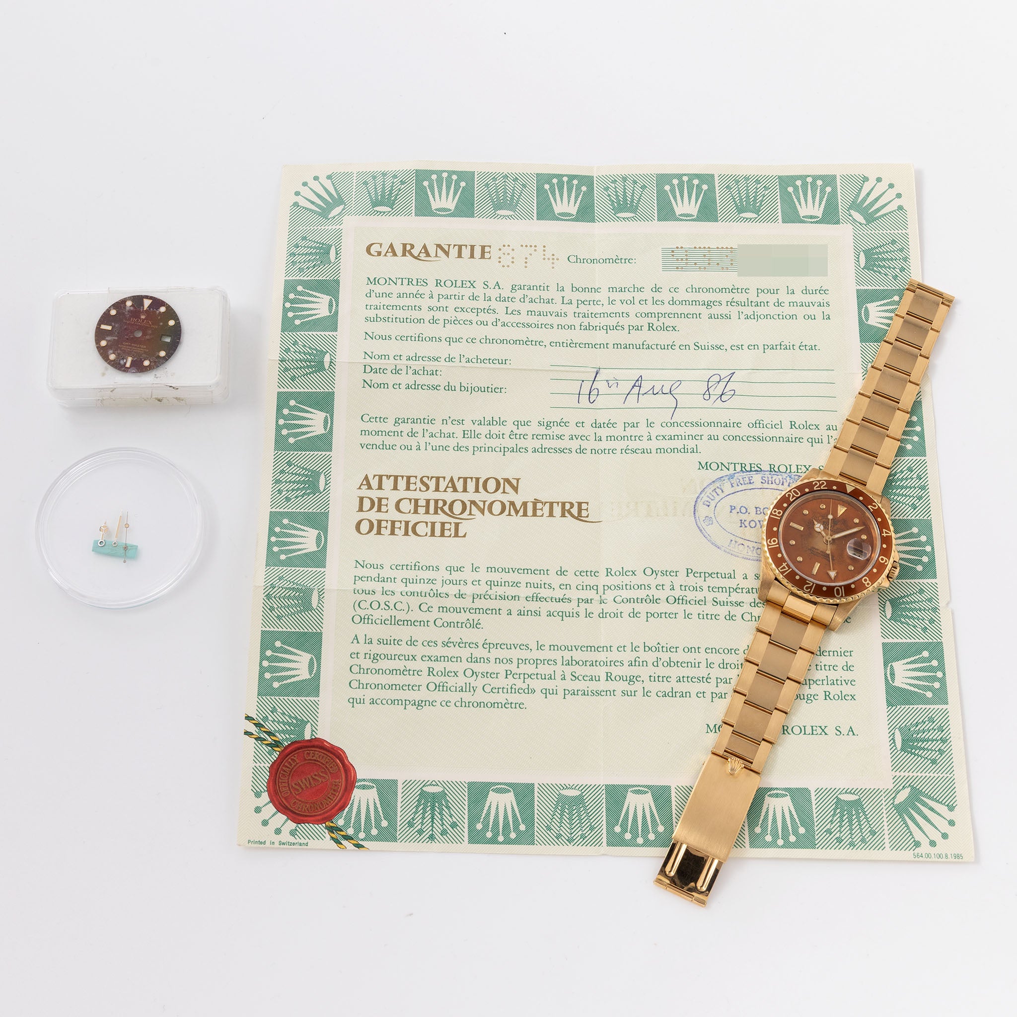 Rolex GMT-Master in 18k Yellow Gold Ref 16758 with Original Guarantee Paper "Two Dials"