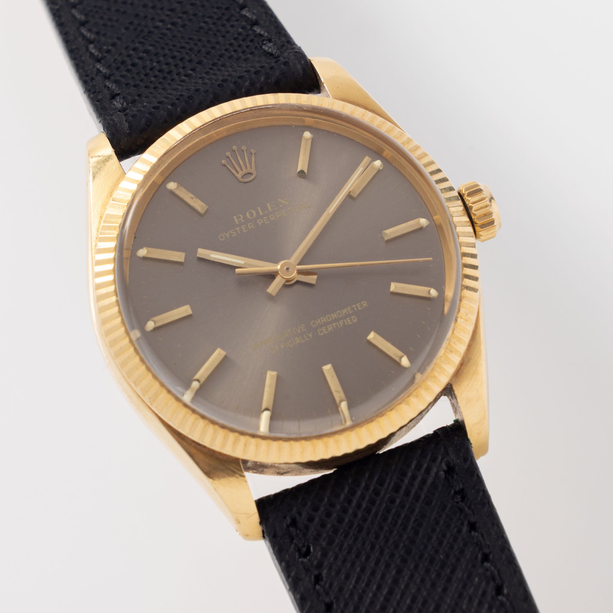 Rolex Oyster Perpetual Grey Dial in 18K Yellow Gold Ref. 1005 Box and Paper Set