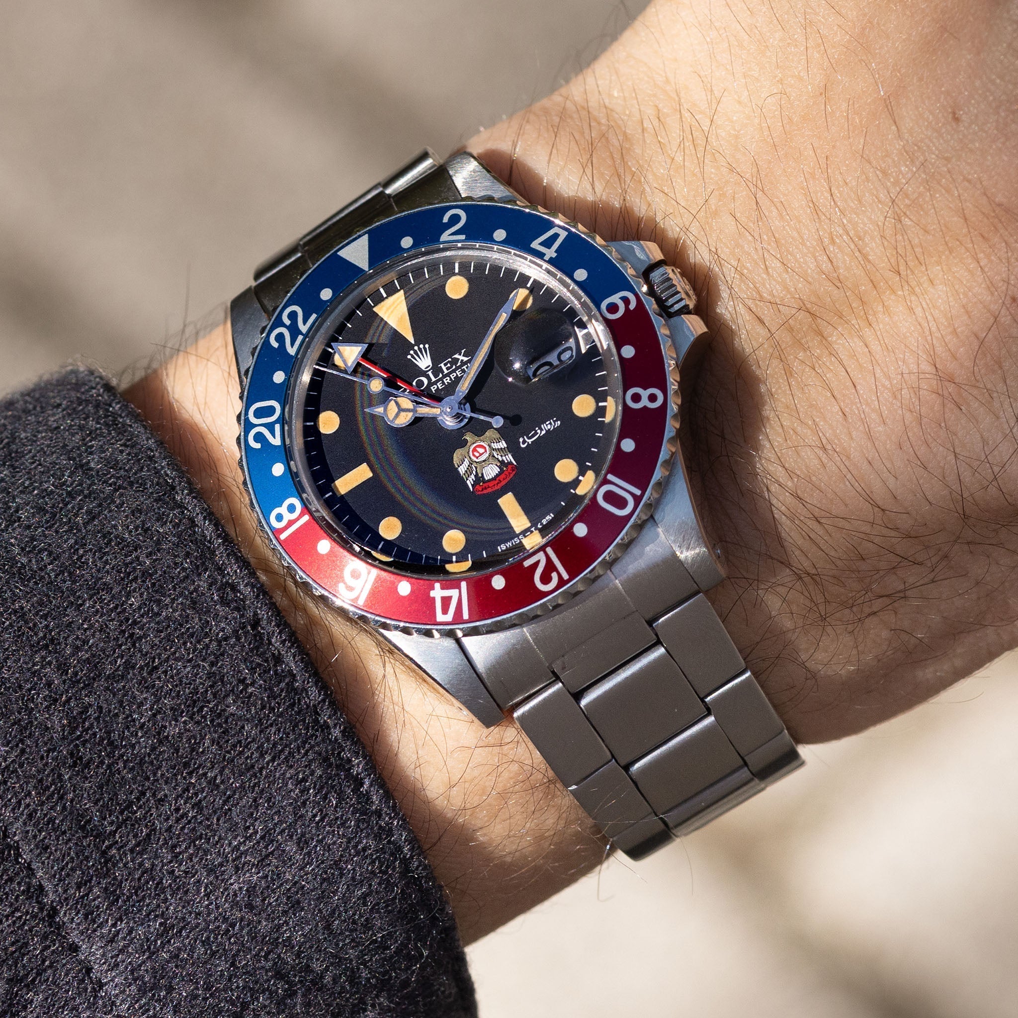 Rolex GMT-Master 1675 UAE ministry of Defence/ Quraysh Hawk logo dial with Rolex Geneva service papers