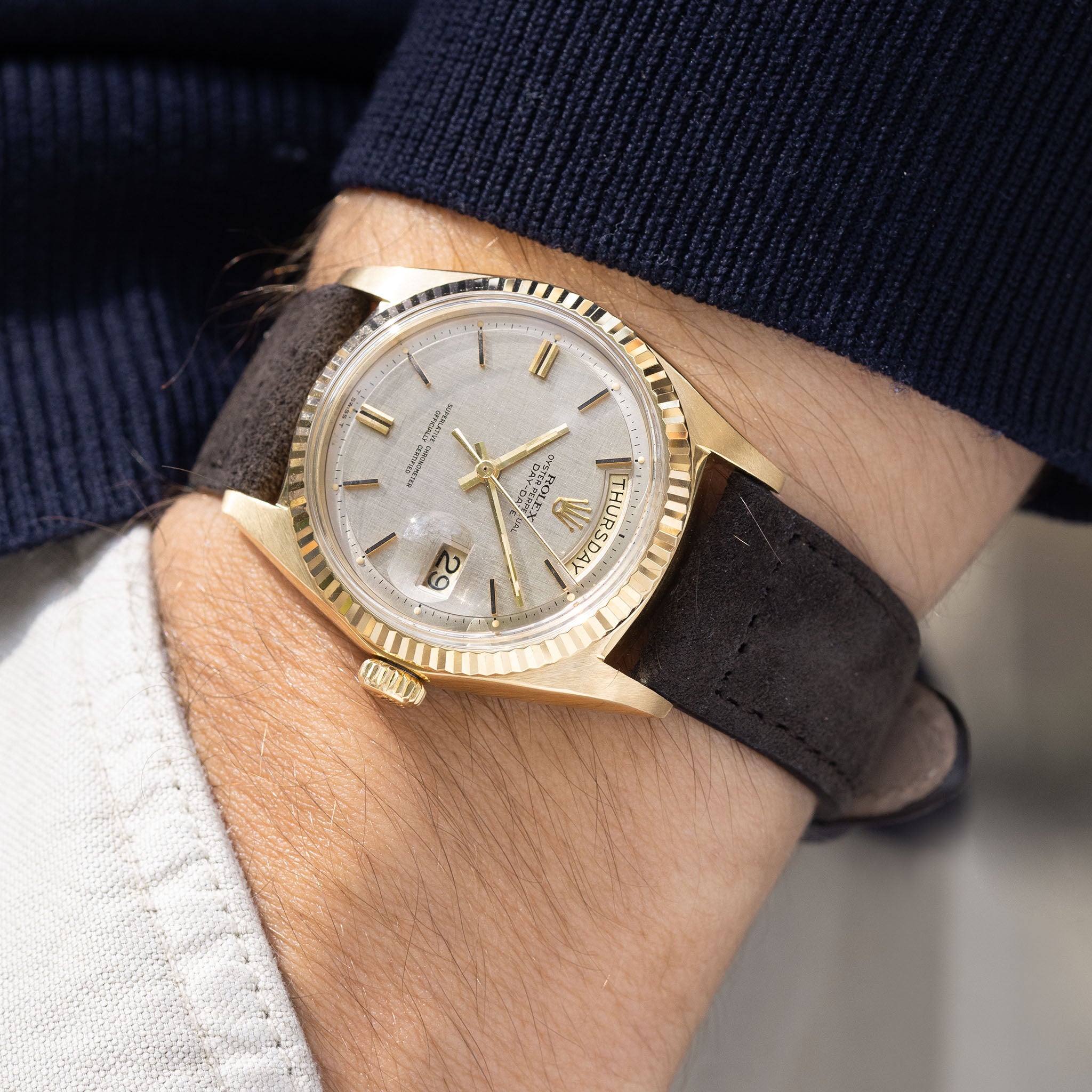 Rolex Day-Date 1803 Warm Grey Linen Dial in 18k Yellow Gold