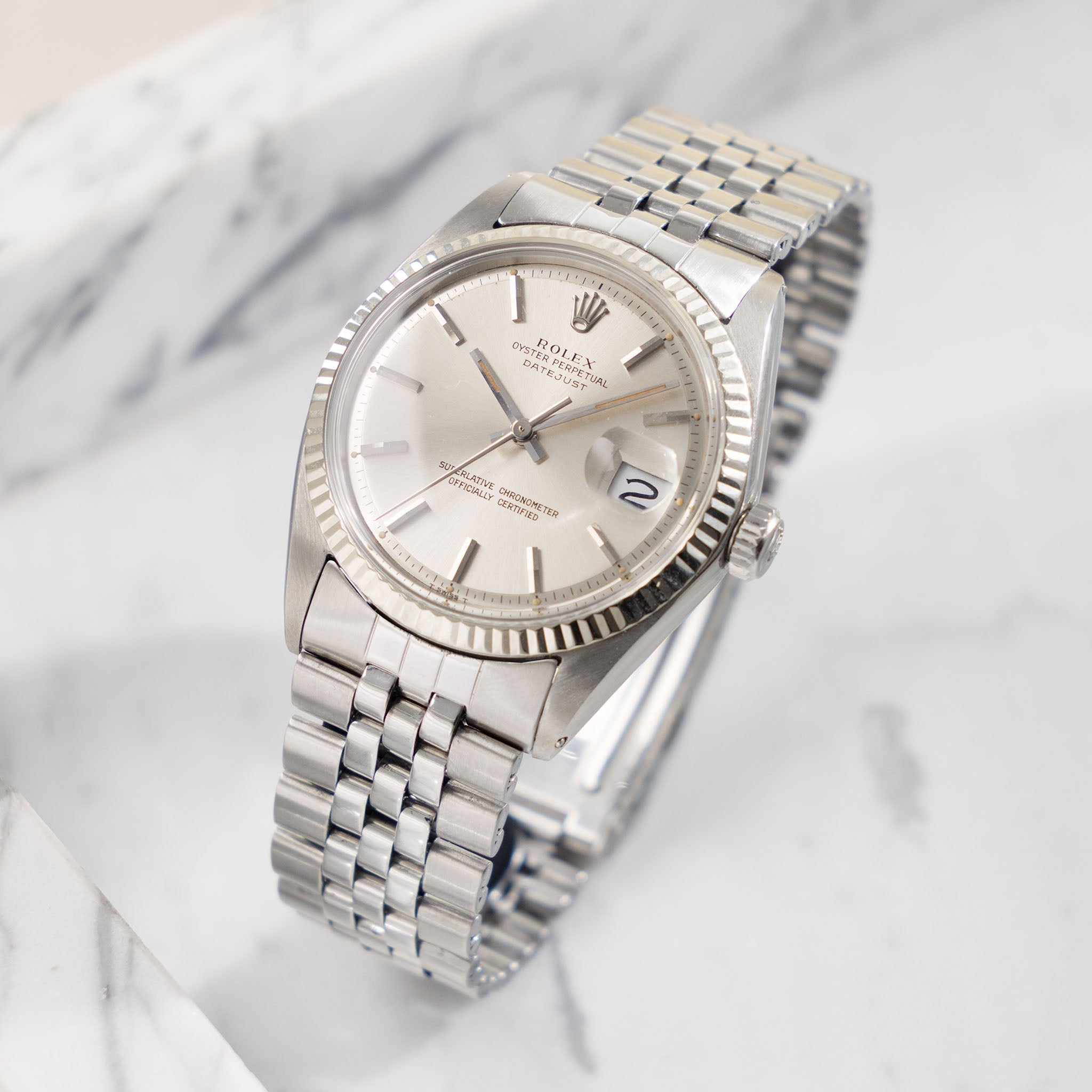 Rolex Datejust 1601 Silver Soleil Dial with Original Punched Paper and Rolex Service Card