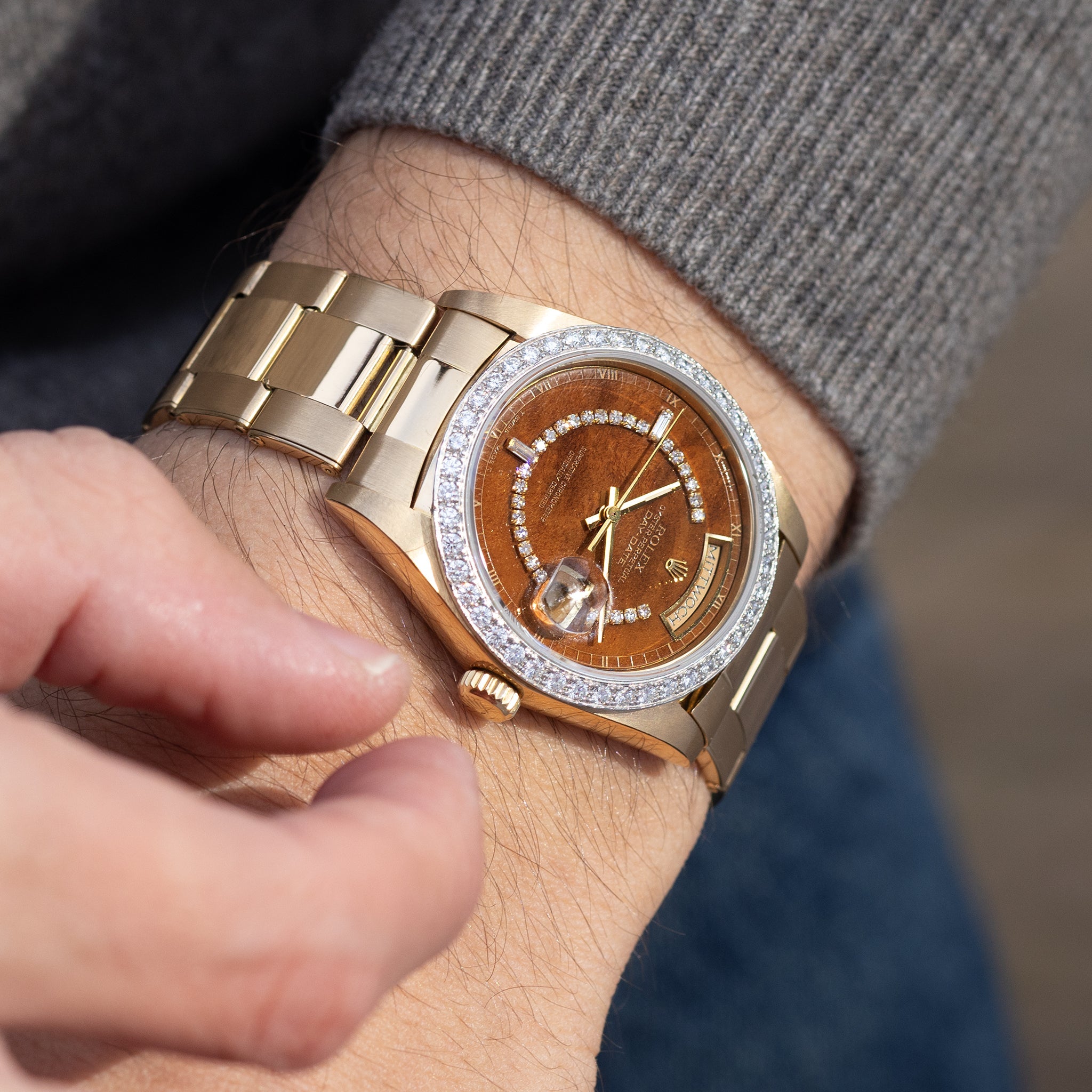 Rolex Day-date Wood Diamond string dial ref 18048 with Original Punched Guarantee Paper