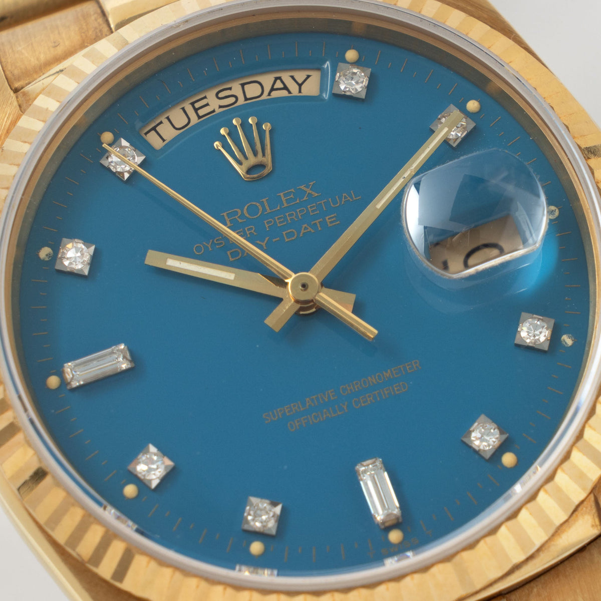 Rolex Day-Date 18038 Petrol Blue Stella Dial in 18k Yellow Gold