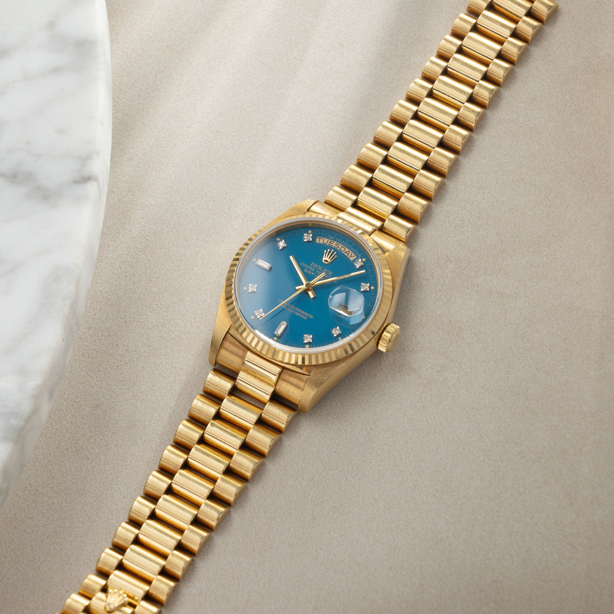 Rolex Day-Date 18038 Petrol Blue Stella Dial in 18k Yellow Gold