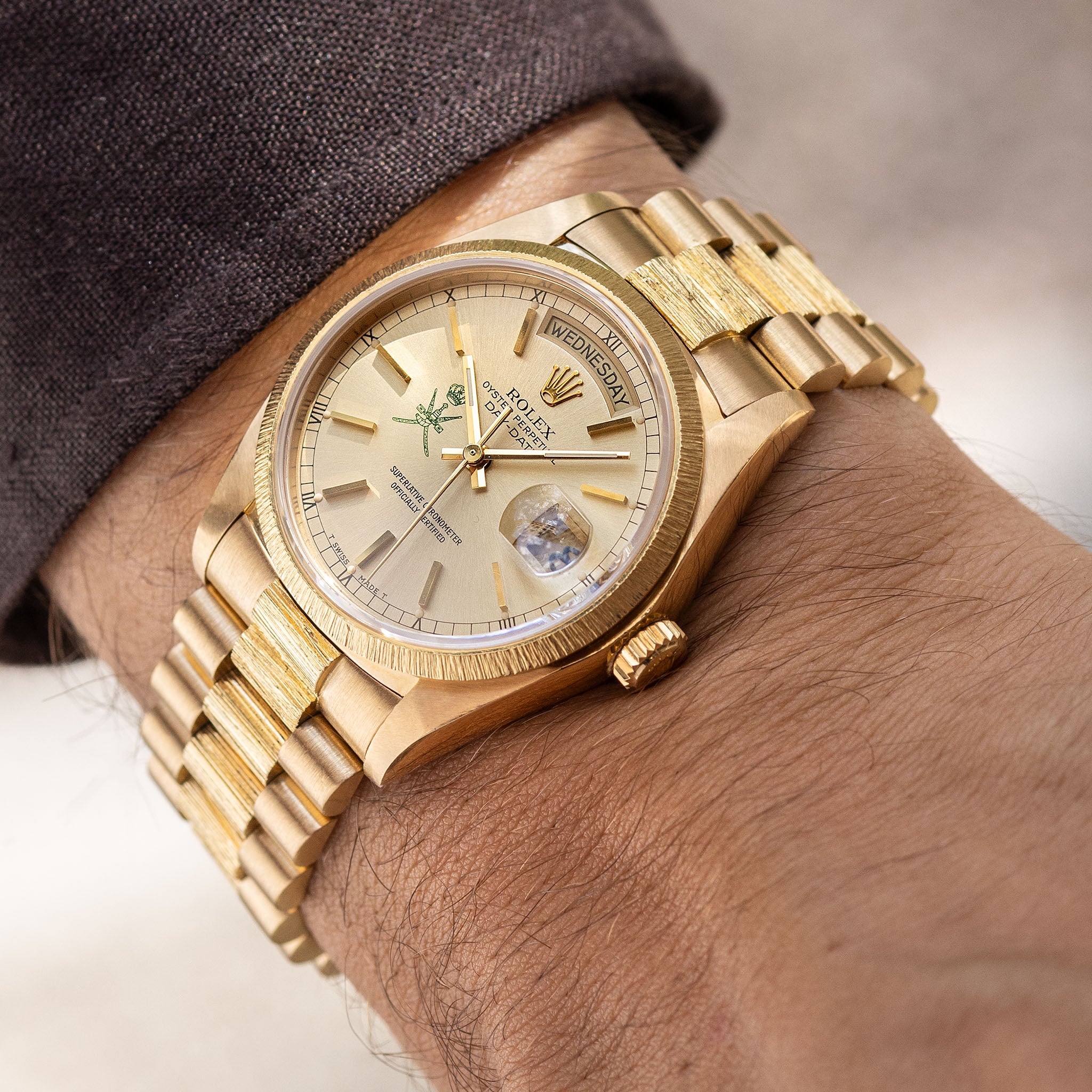 Rolex Day-Date 18078 Green Khanjar Champagne Dial Bark Finish in 18k Yellow Gold