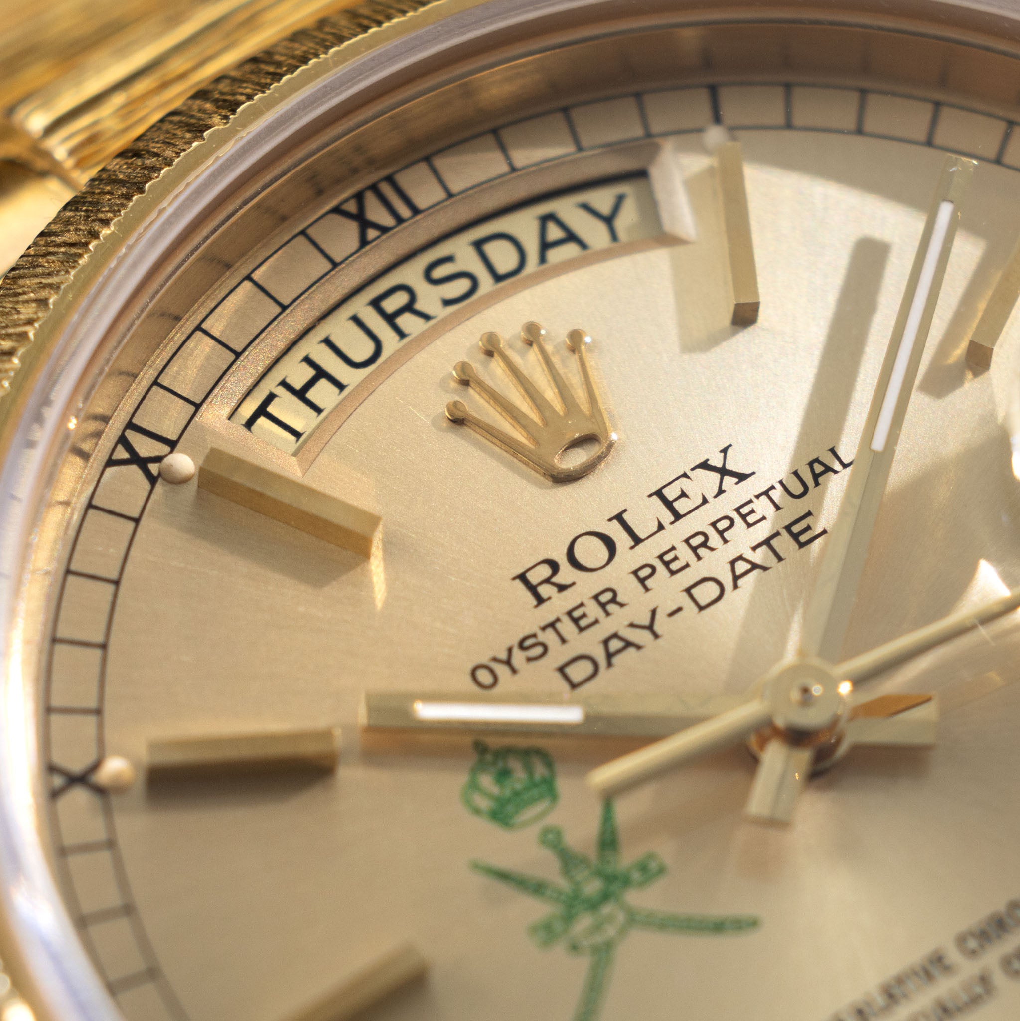 Rolex Day-Date 18078 Green Khanjar Champagne Dial Bark Finish in 18k Yellow Gold