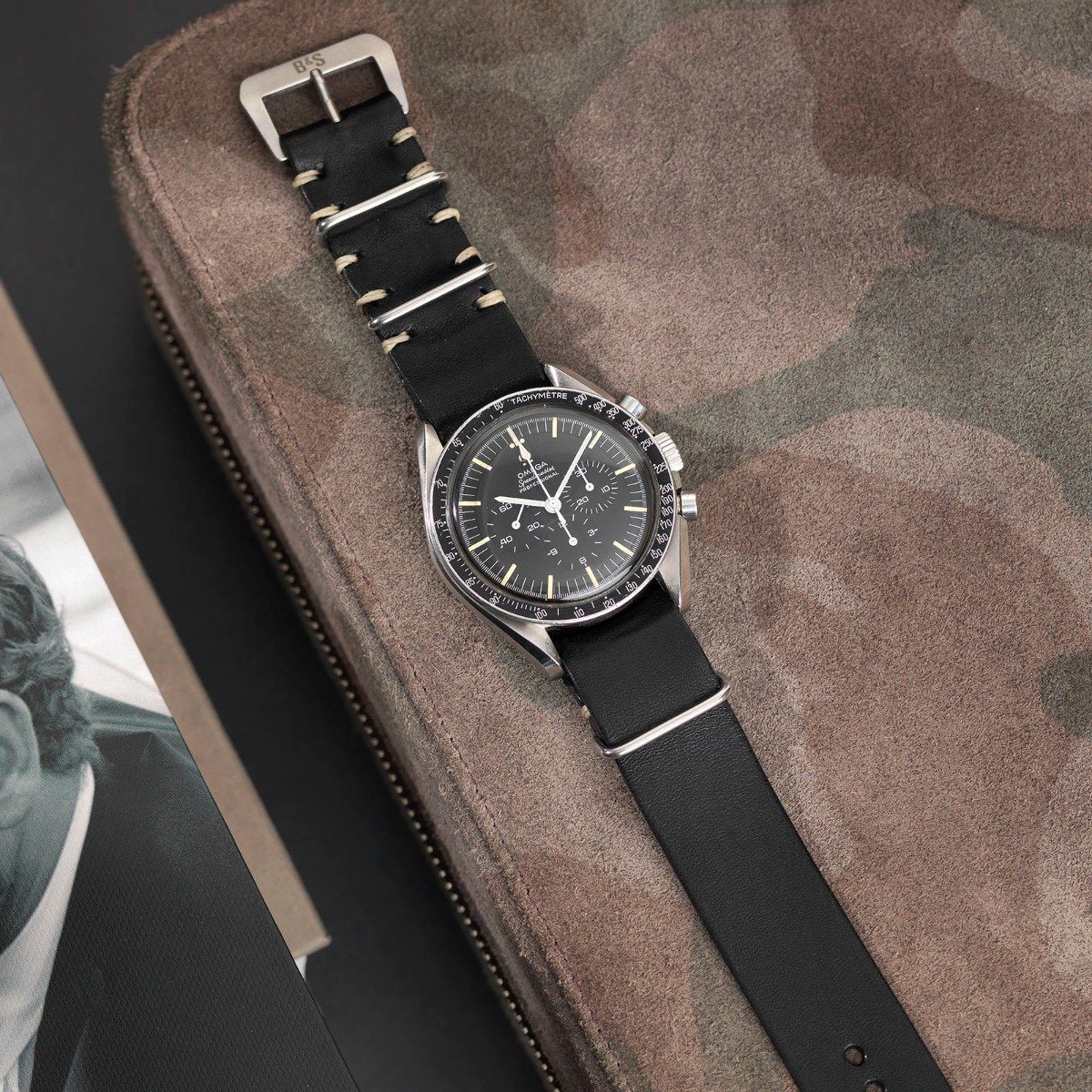 Omega Black Single Pass Leather Watch Strap