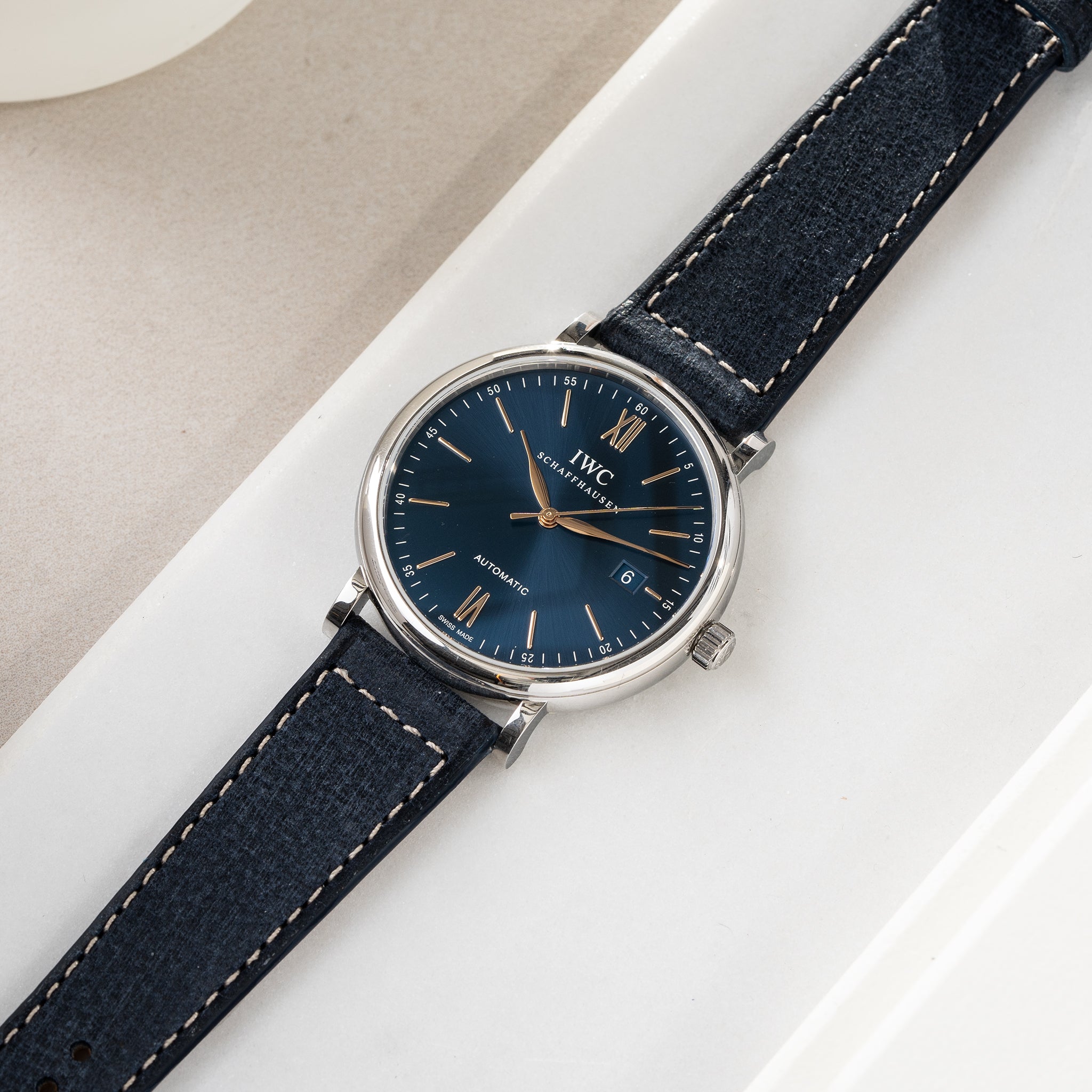 Strap for IWC Portofino - Linen Boxed Leather Denim Blue