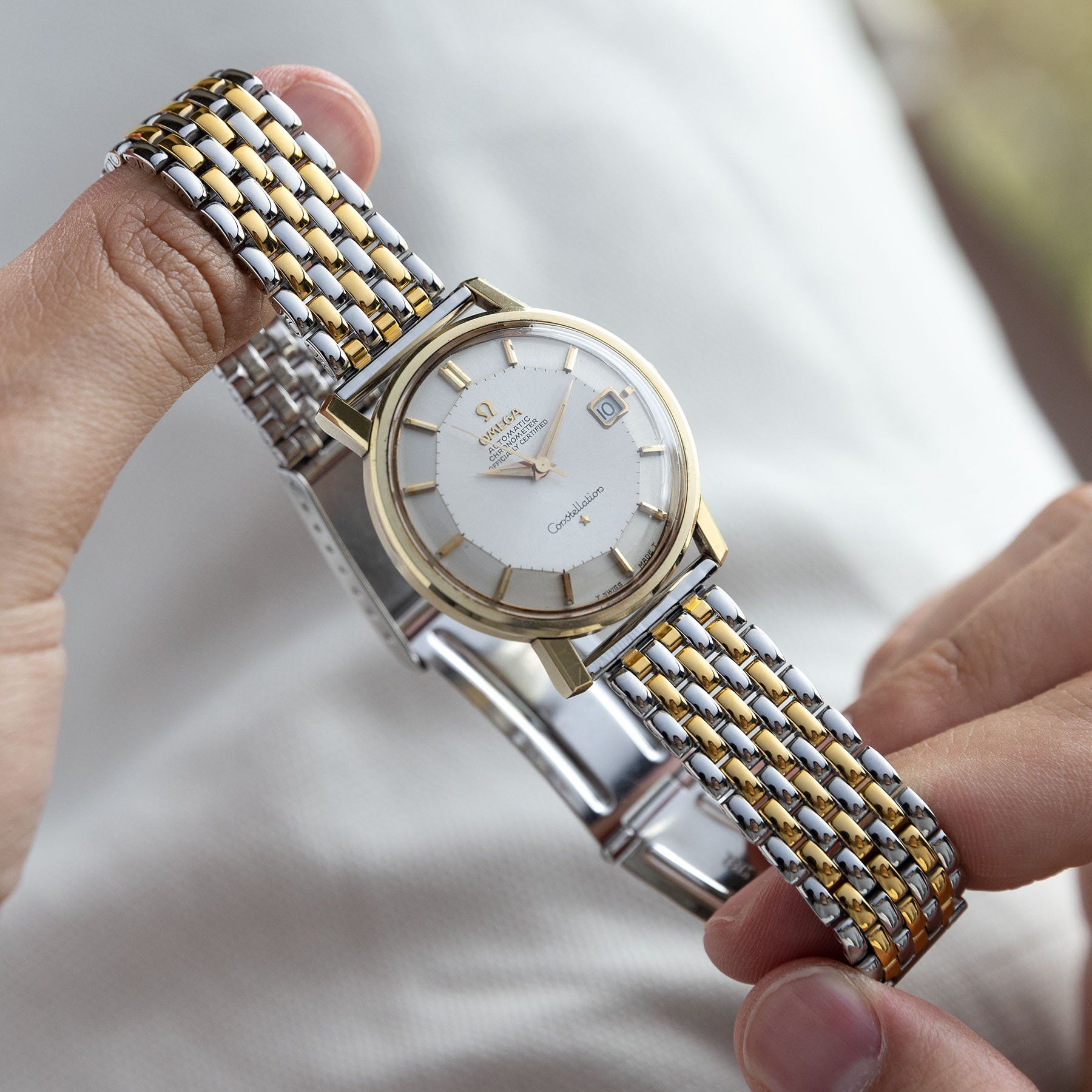 Beads Of Rice Two Tone Straight End Link Steel Watch Bracelet for Omega