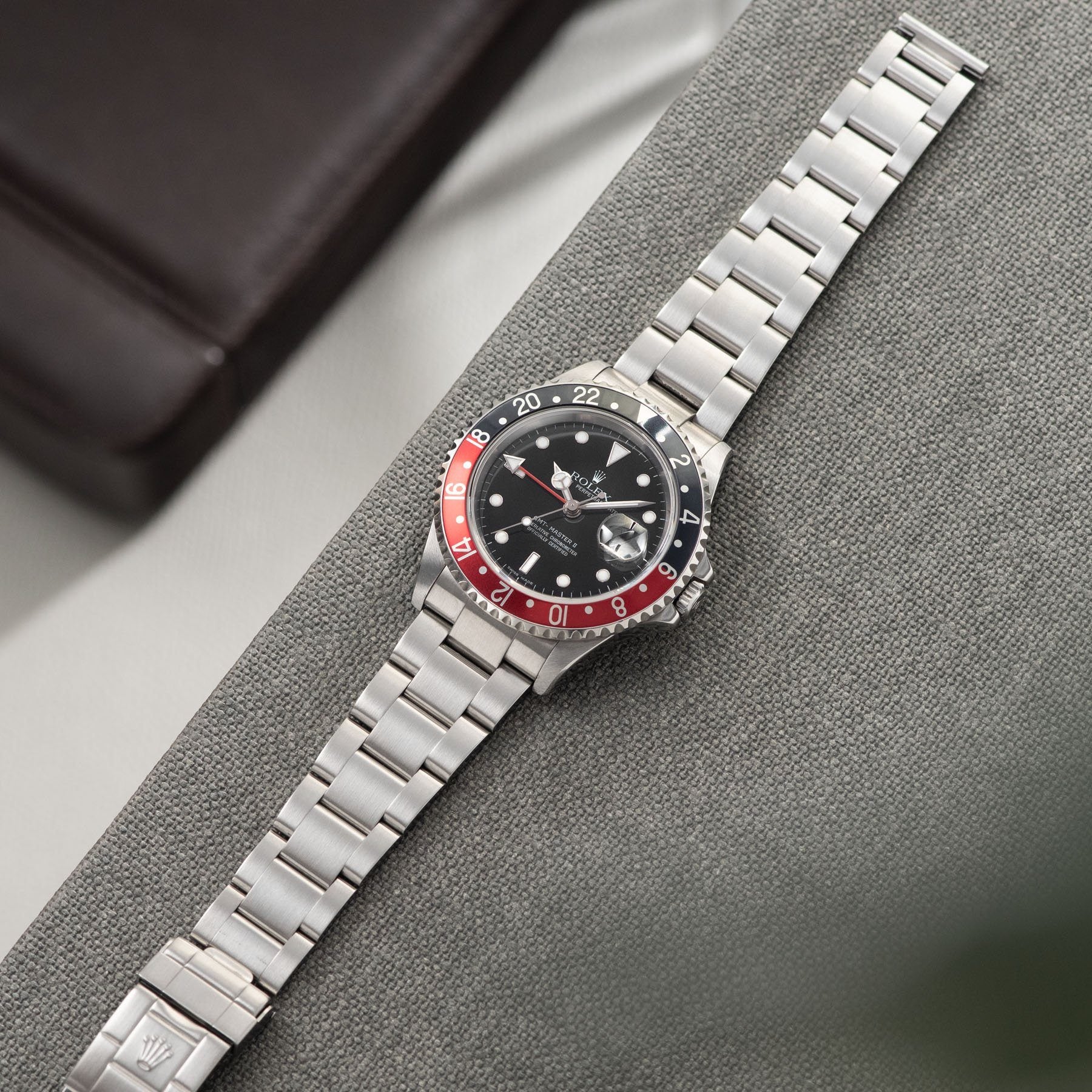 Rolex GMT-Master 2 16710 Rectangular dial Box and Papers on an Oyster bracelet ref 78790A with solid endlinks