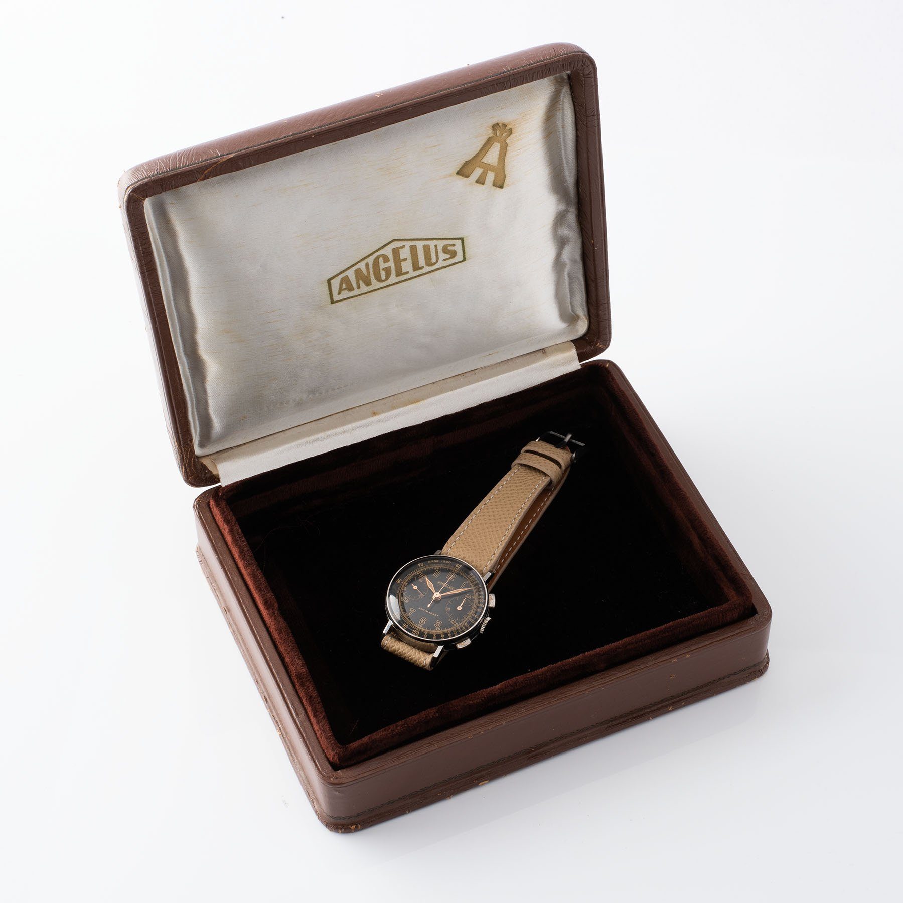 Angelus Steel Chronograph Square Pusher Watch with Original rare Angelus box