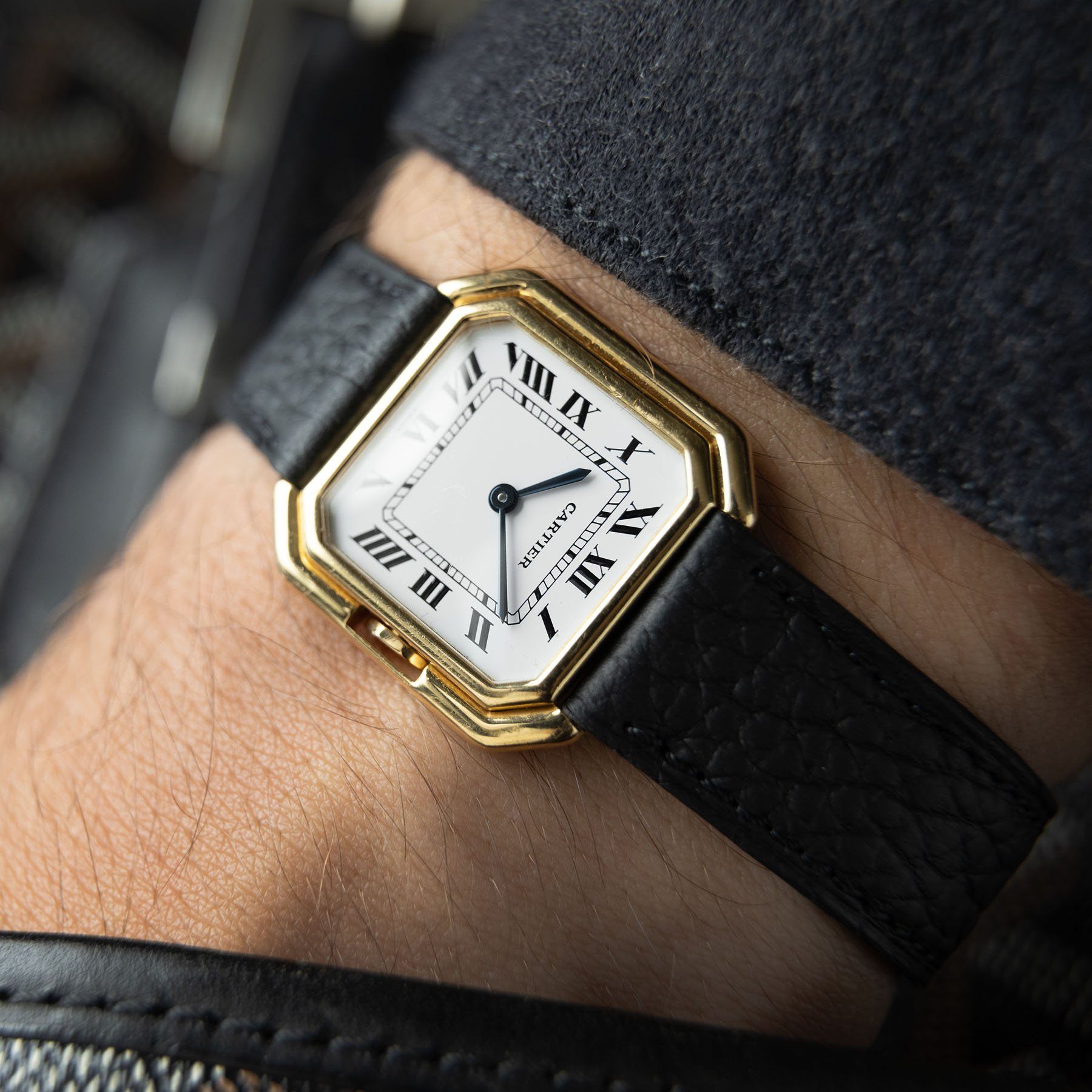 Taurillon Black Thin Leather Watch Band for Cartier