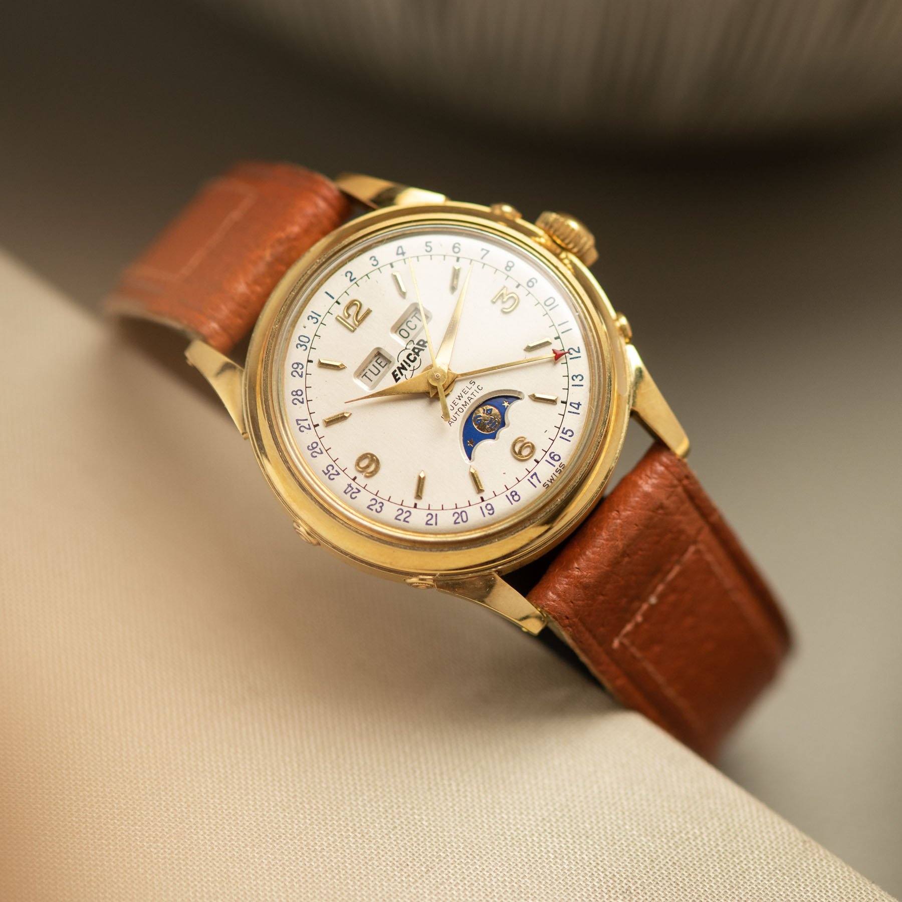 Enicar Triple Calendar Moonphase Yellow Gold
