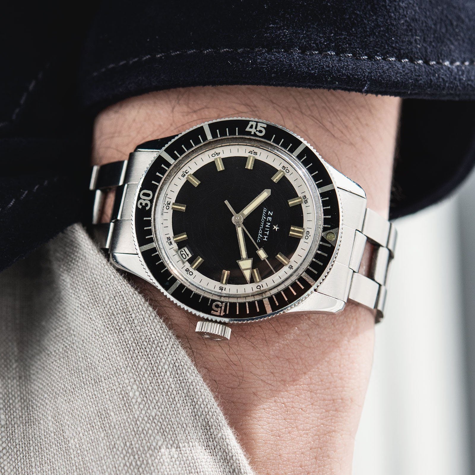 Zenith Diver Black Dial ref A3630 on Gay Freres Ladder Bracelet