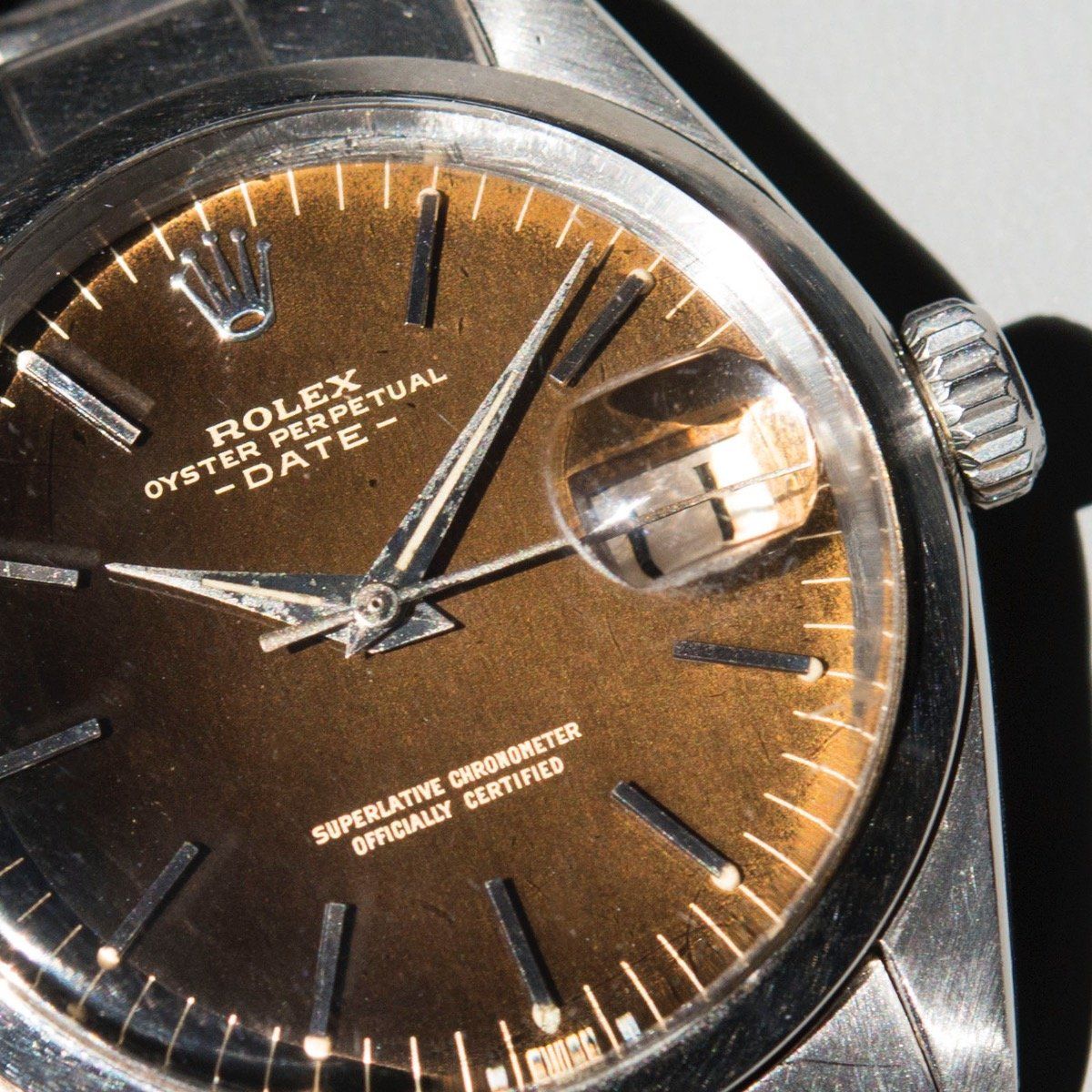 Rolex Date Black Gilt Tropical Dial Reference 1500