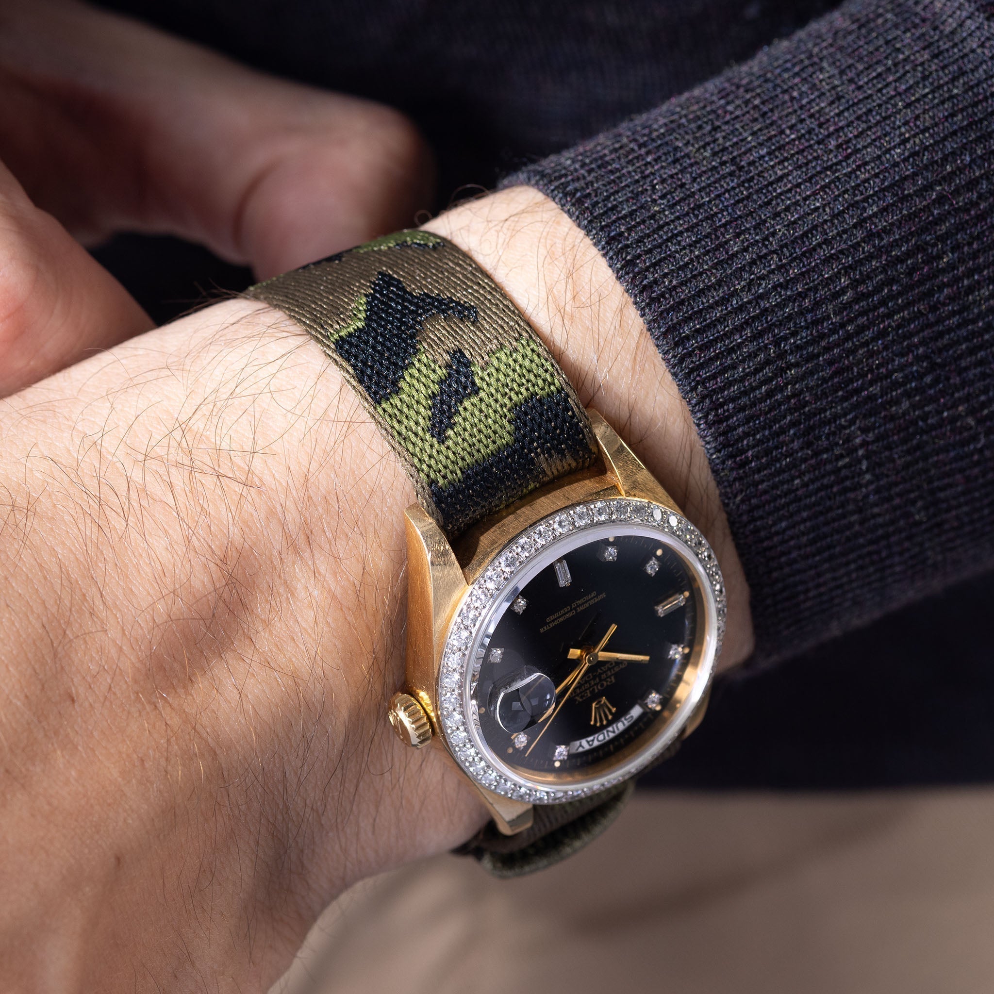 Green_Camo_Jacquard_Single_Pass_Watch_Strap_For_Rolex_Daydate_Diamond