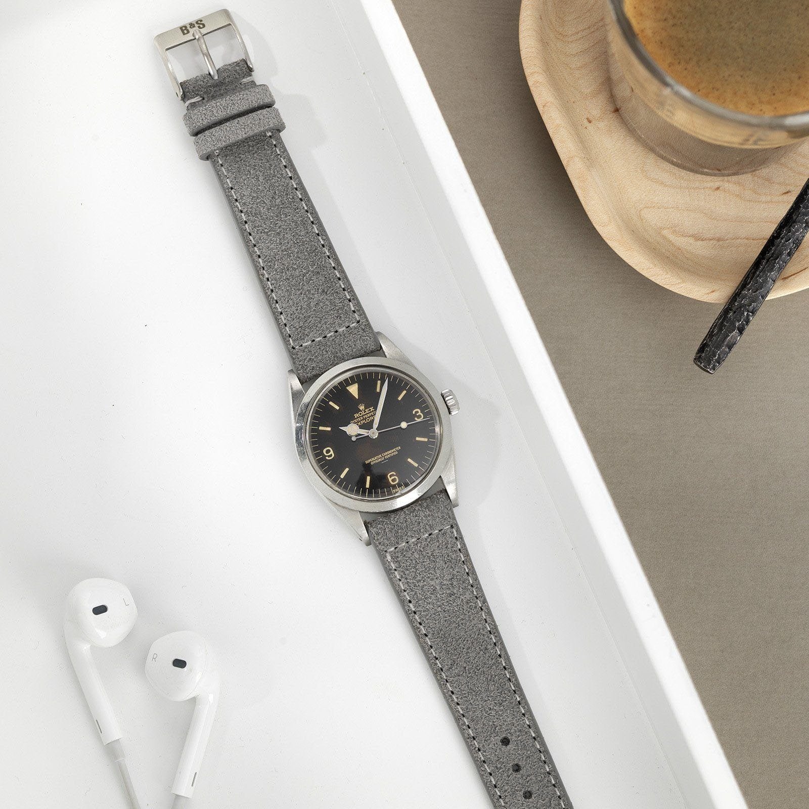 Rugged Grey Boxed Stitch Leather Watch Strap