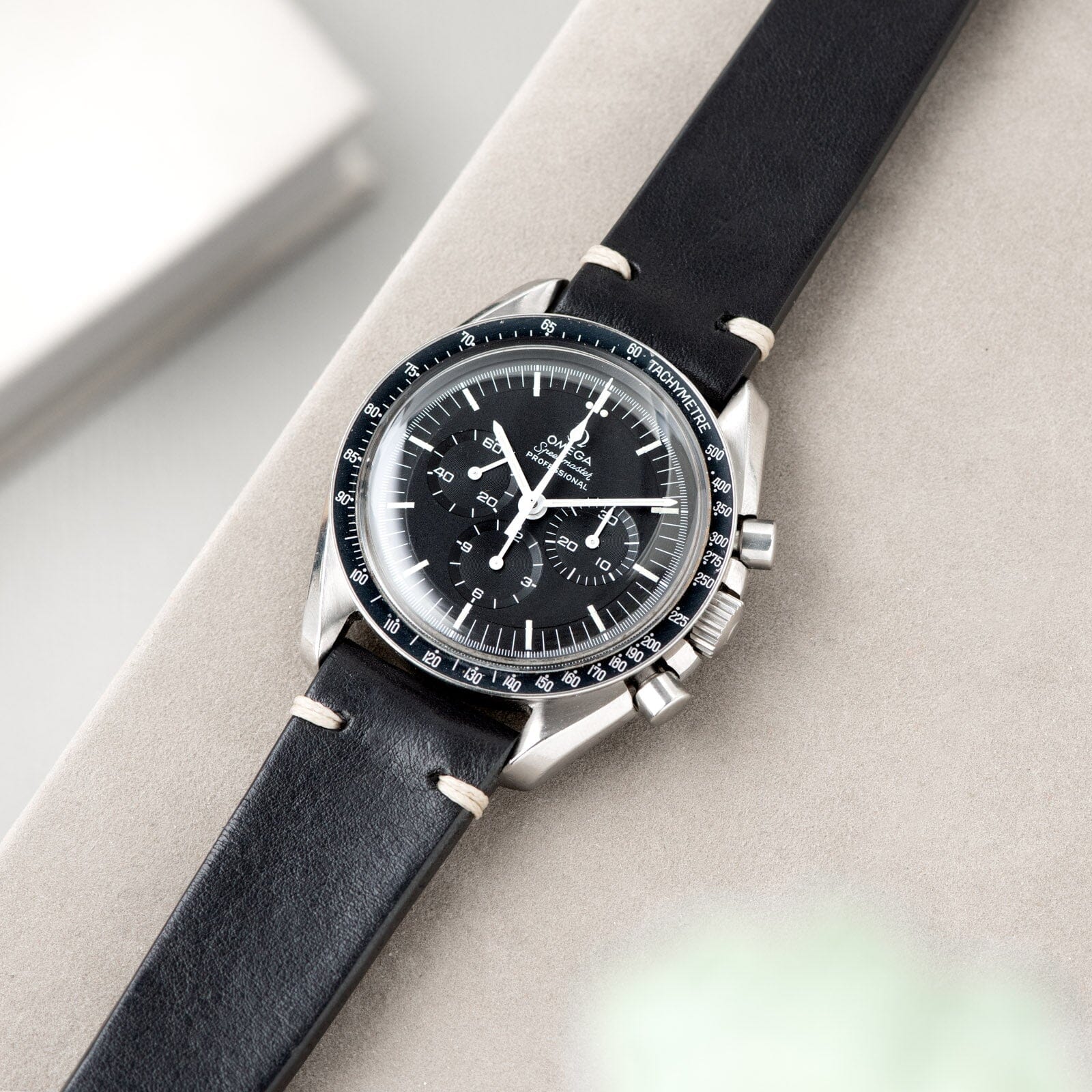 Black Leather Watch Strap on Omega SPeedmaster Professional