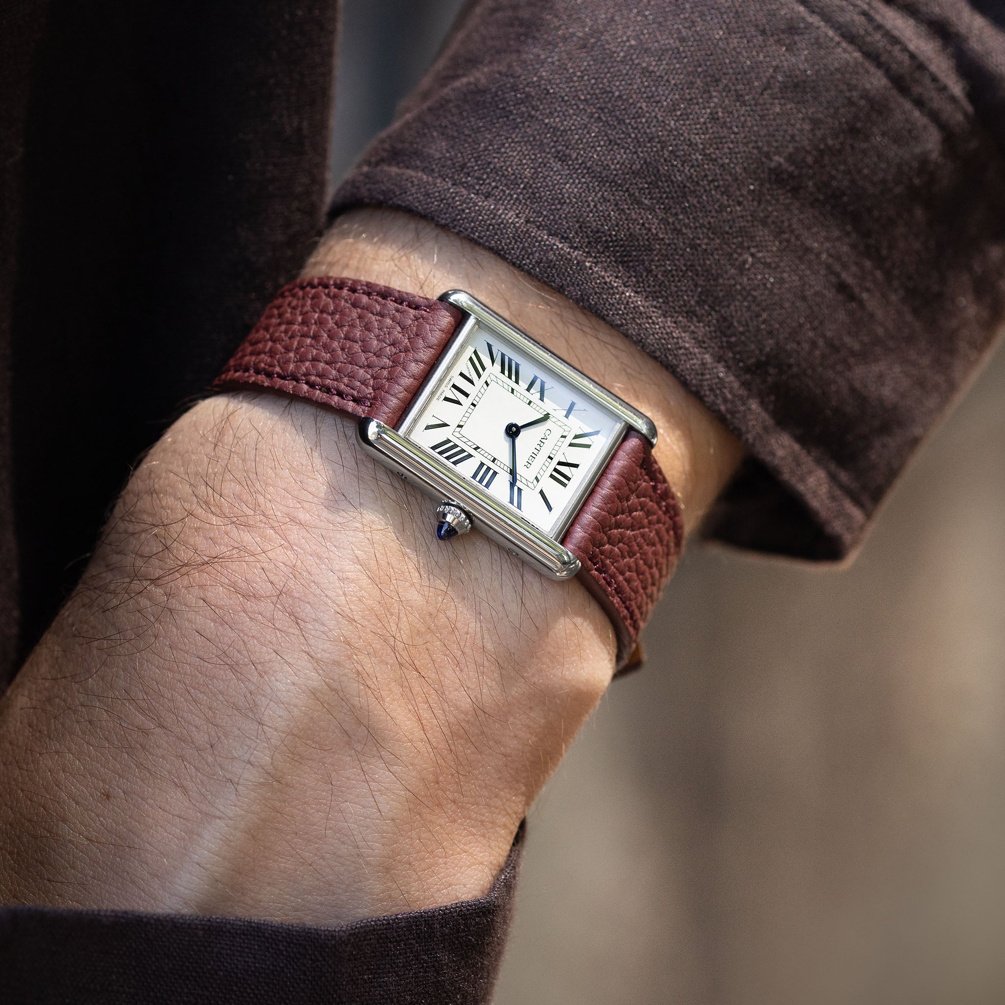 Grana Burgundy Tonal Leather Watch Strap on Cartier Tank Musk Large