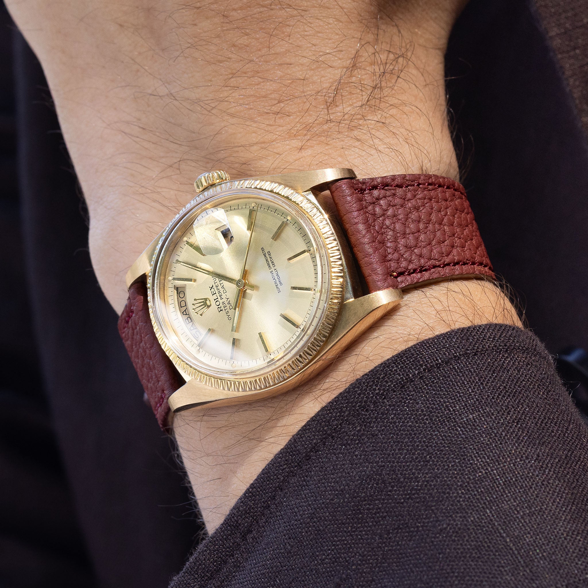 Grana Burgundy Tonal Leather Watch Strap on Rolex Day-Date