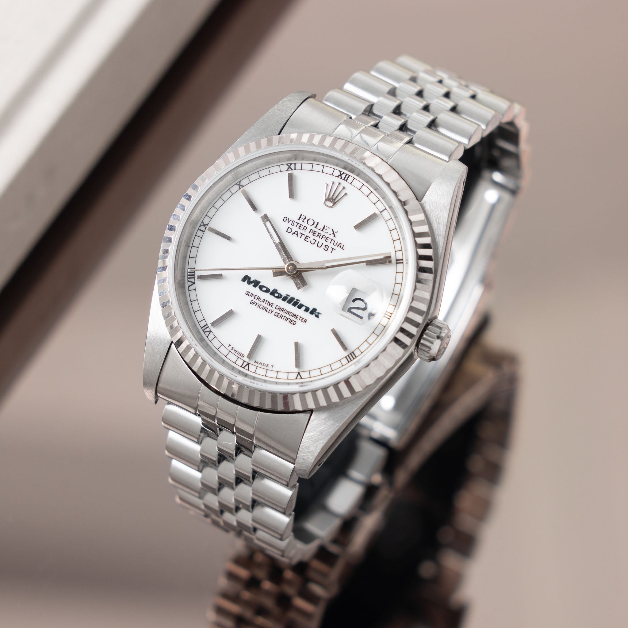 Rolex Datejust 16234 Porcelain White Dial Mobilink logo