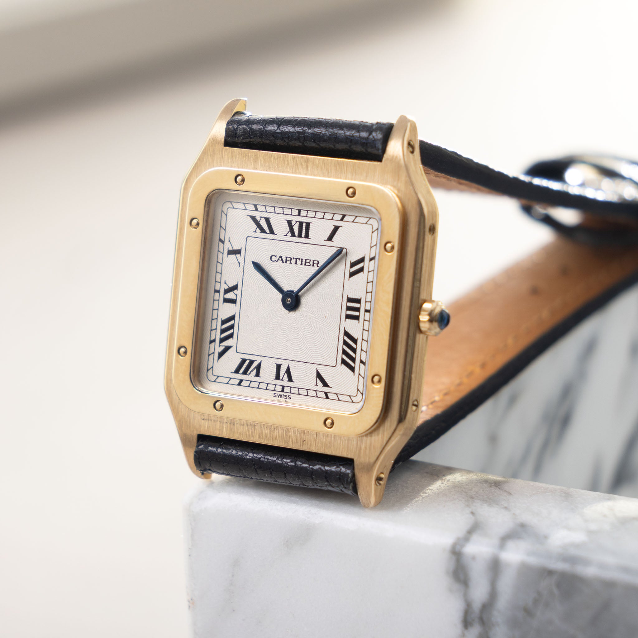 Cartier Santos Dumont Ultra-thin Guilloché Dial ref. 82105 in 18k Yellow Gold Box and Paper Set