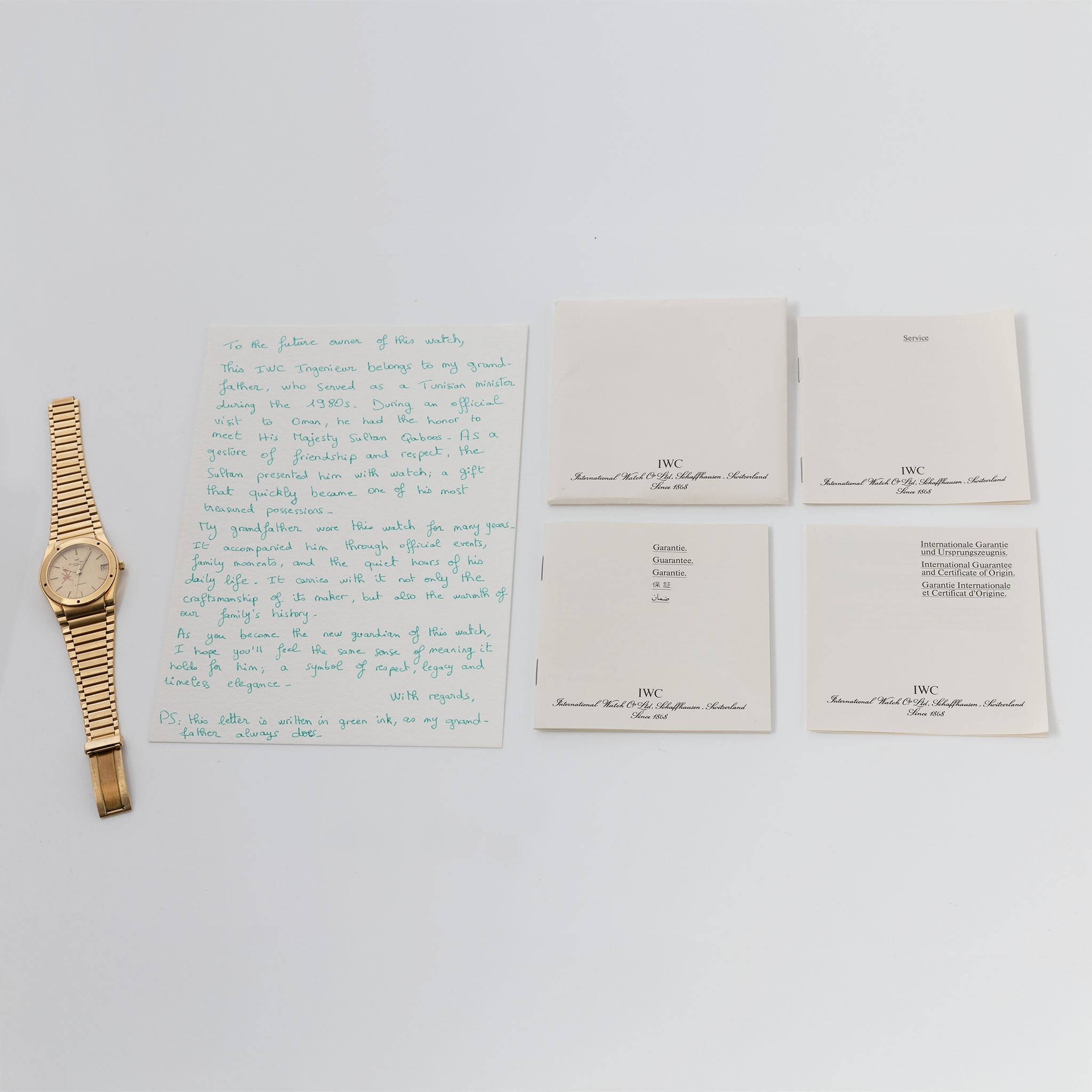 IWC Ingenieur SL Linen Khanjar Dial from original owner family with Box, Booklets , original certificate of origin and Provenance ref 9227 in 18 k yellow gold