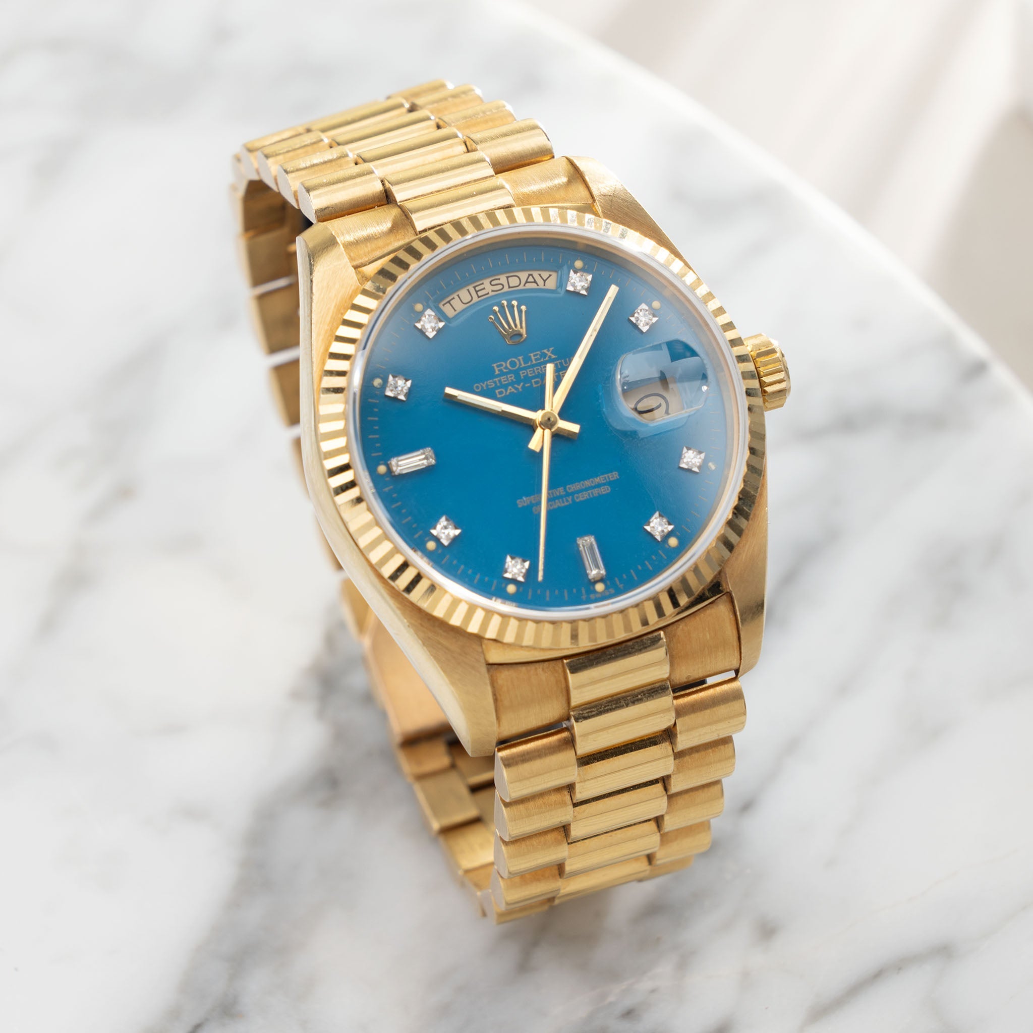 Rolex Day-Date 18038 Petrol Blue Stella Dial in 18k Yellow Gold