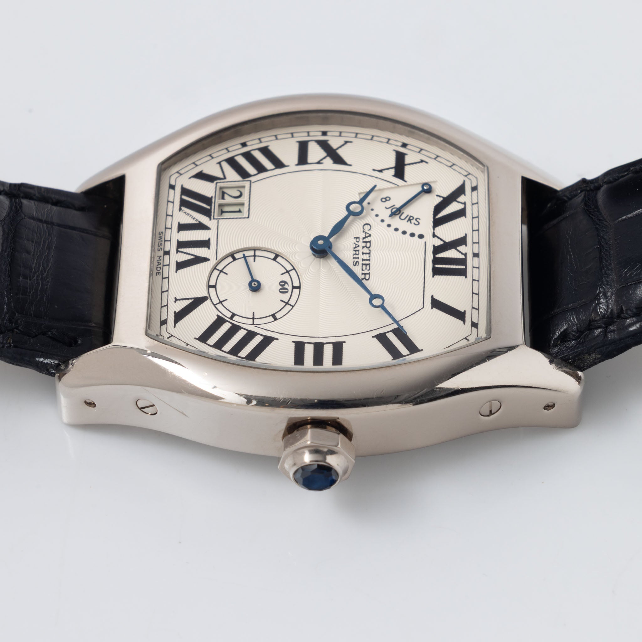 Cartier Tortue XL CPCP 8 days in 18 k white gold ref 2761 Silver Guiloché dial