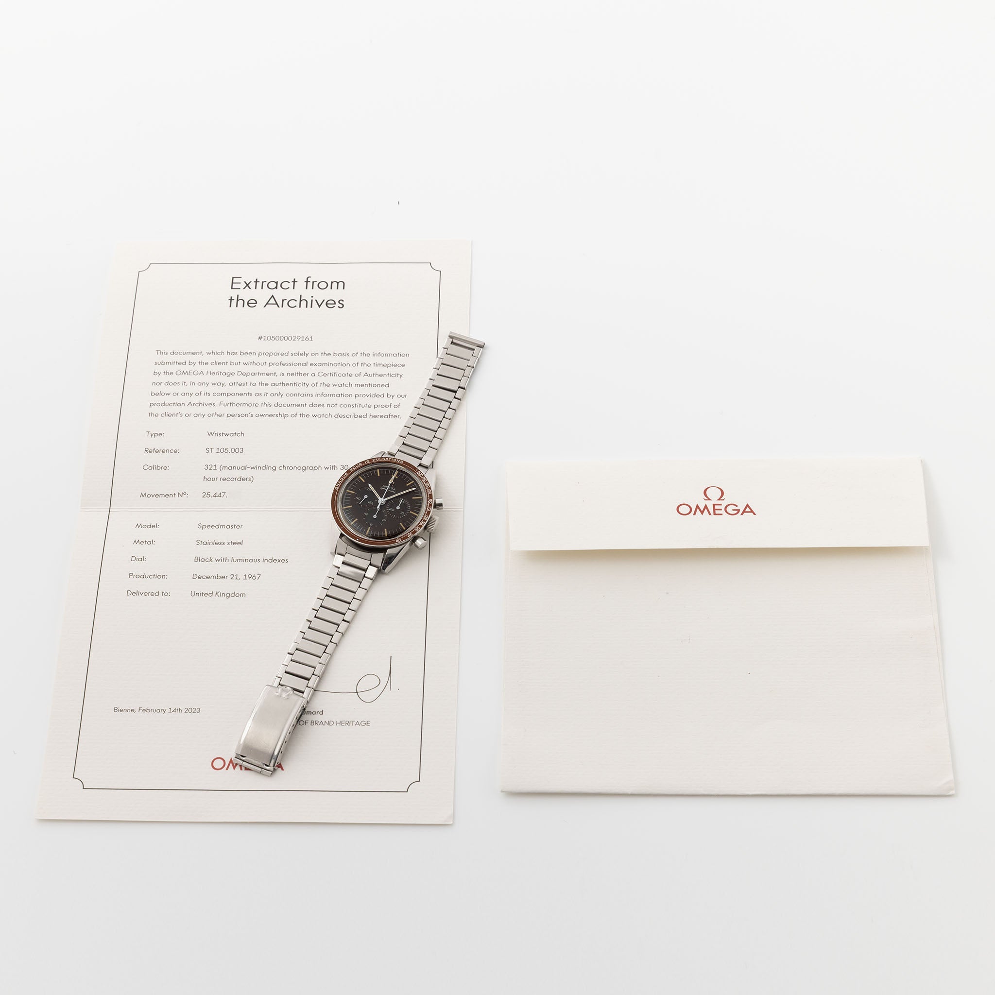 Omega Speedmaster 105.003 Ed White Tropical Brown Dial Pulsations Bezel with Extract of the Archives