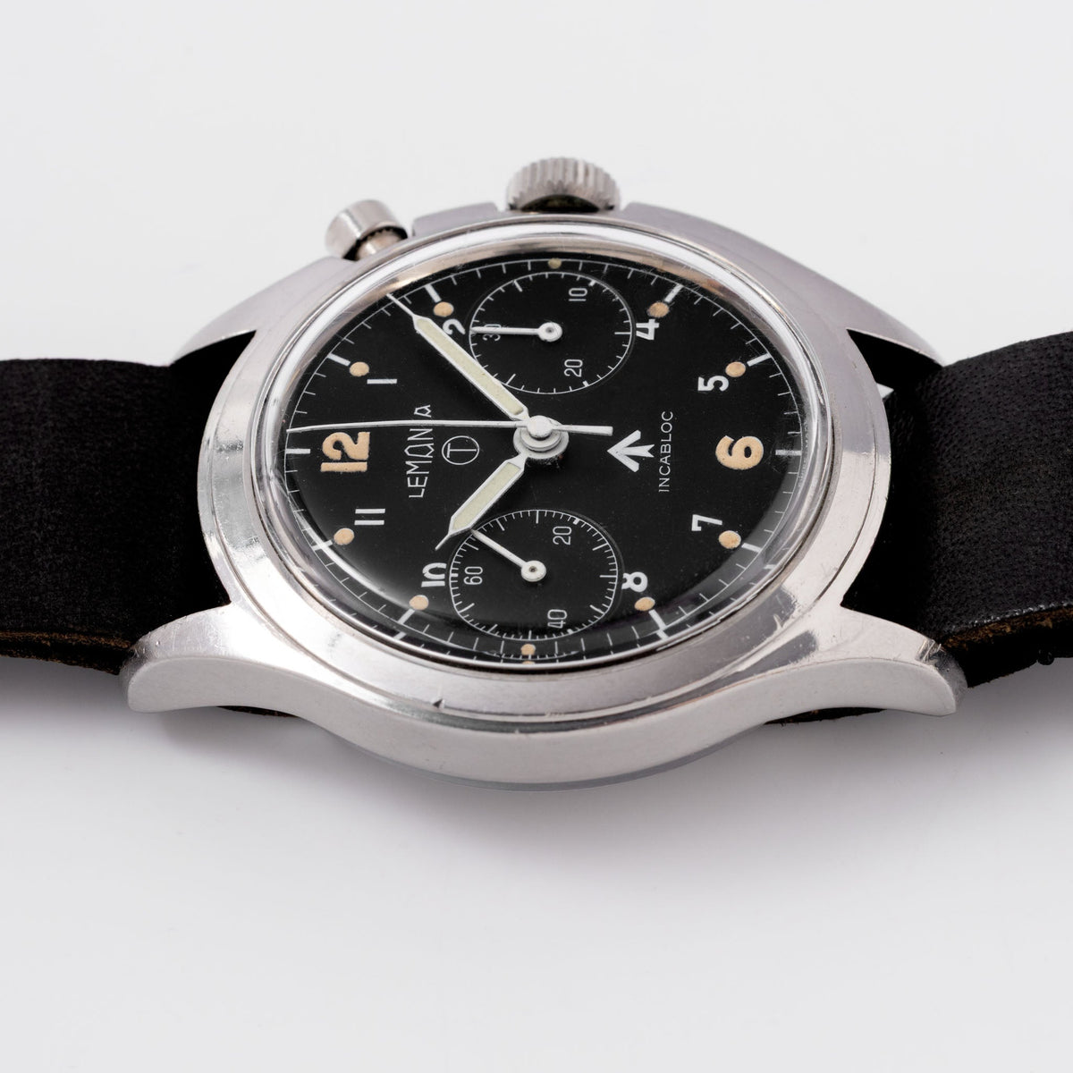 Lemania Monopusher Chronograph 6BB Asymmetric Case Military Chronograph Black Dial issued to the Royal Air Force