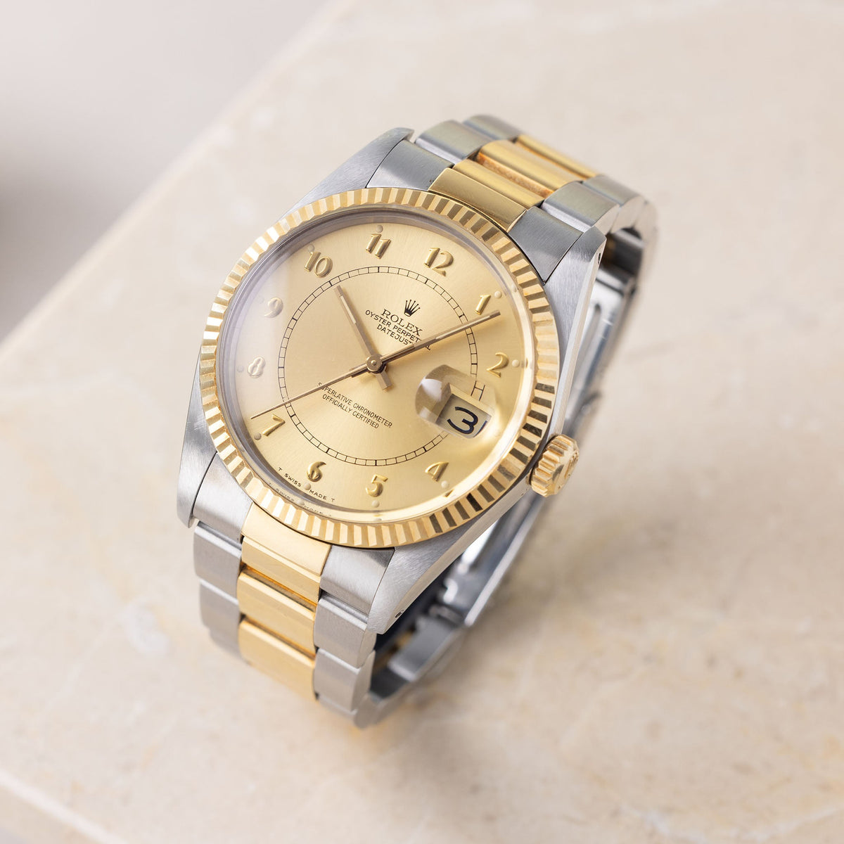 Rolex Datejust 16013 Boiler Gauge Champagne Dial with Original Punched Paper in Steel and Yellow Gold